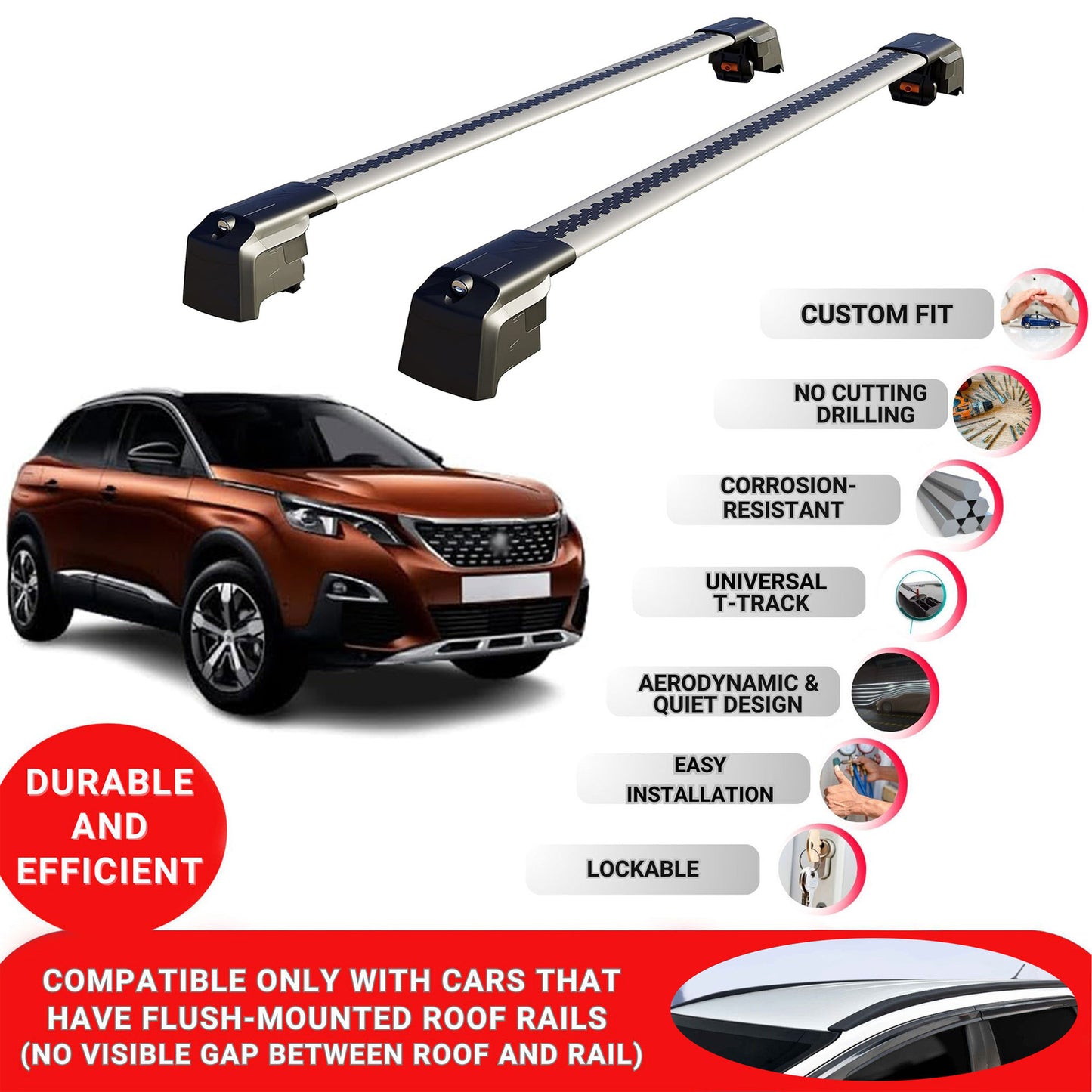 Roof Bars Rack for Peugeot 3008 2017+ Lockable Rail Carrier 2 Pcs Grey