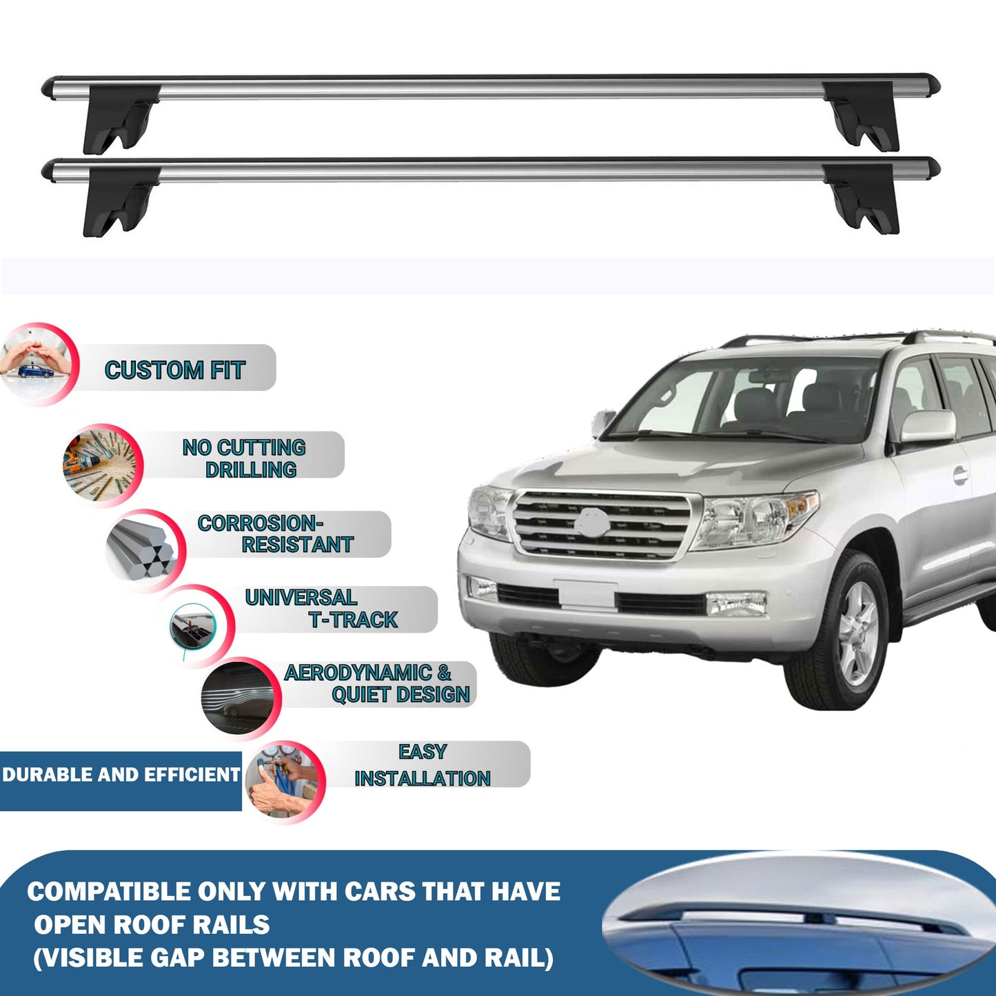 Lockable Roof Rack Cross Bars for Toyota Land Cruiser 2008-2021 | Heavy Duty Rail Carrier 2 Pcs Grey