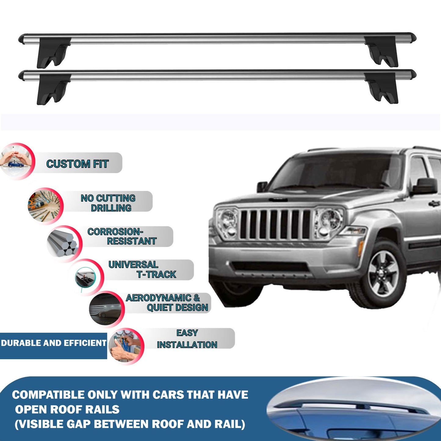 Lockable Roof Rack Cross Bars for Jeep Cherokee KK 2008-2014 | Heavy Duty Rail Carrier 2 Pcs Grey