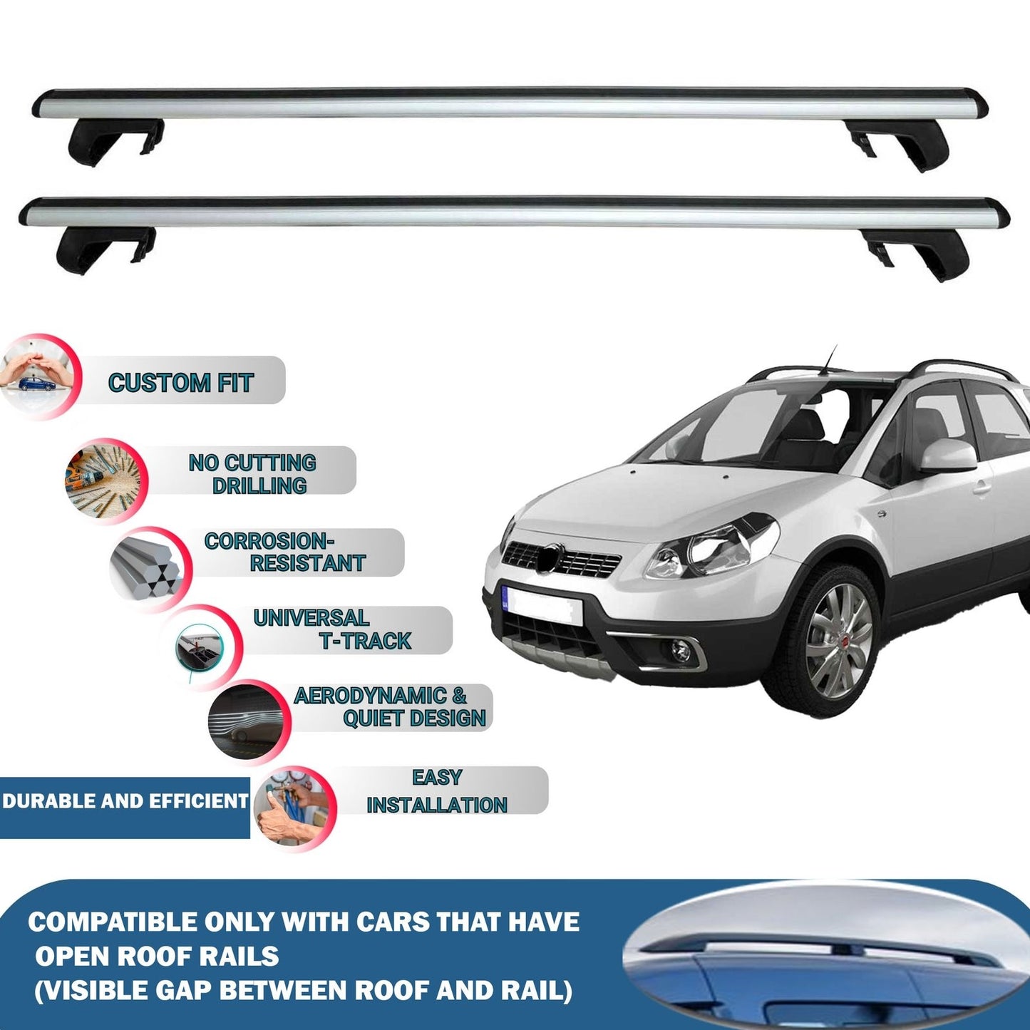 Roof Rack Cross Bars for Fiat Sedici 2004-2015 Rail Carrier for Roof Tents 2 Pcs Grey