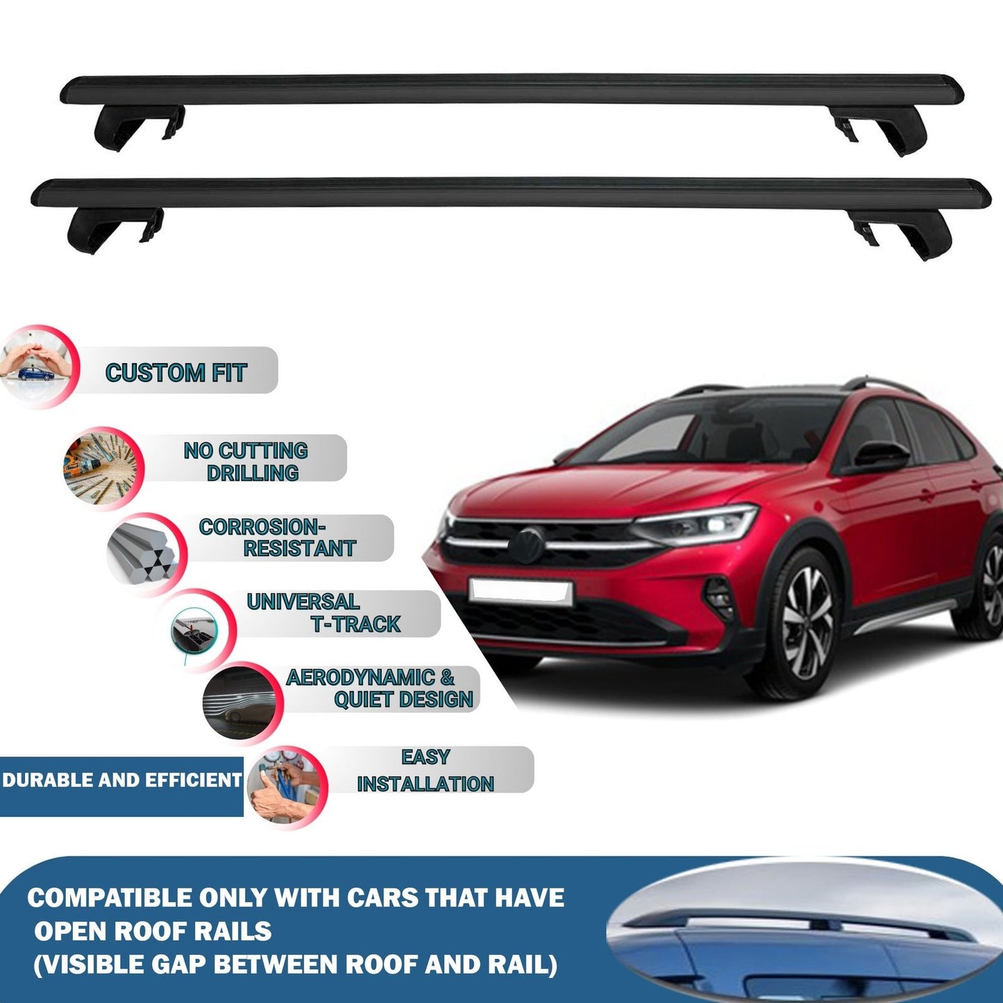 Roof Rack Cross Bars for Volkswagen Taigo 2019 Onwards Rail Carrier for Roof Tents 2 Pcs Black