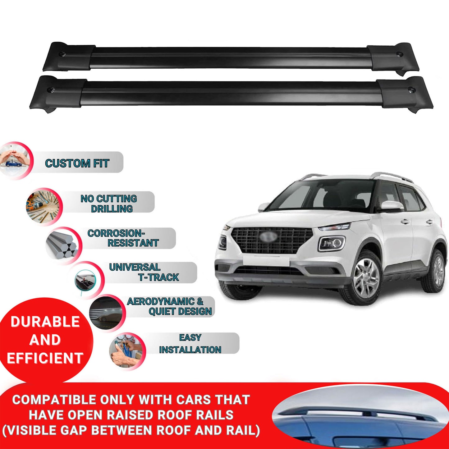 Roof Racks Cross Bars For Hyundai Venue Qx 2019-2023 2 Pcs Black
