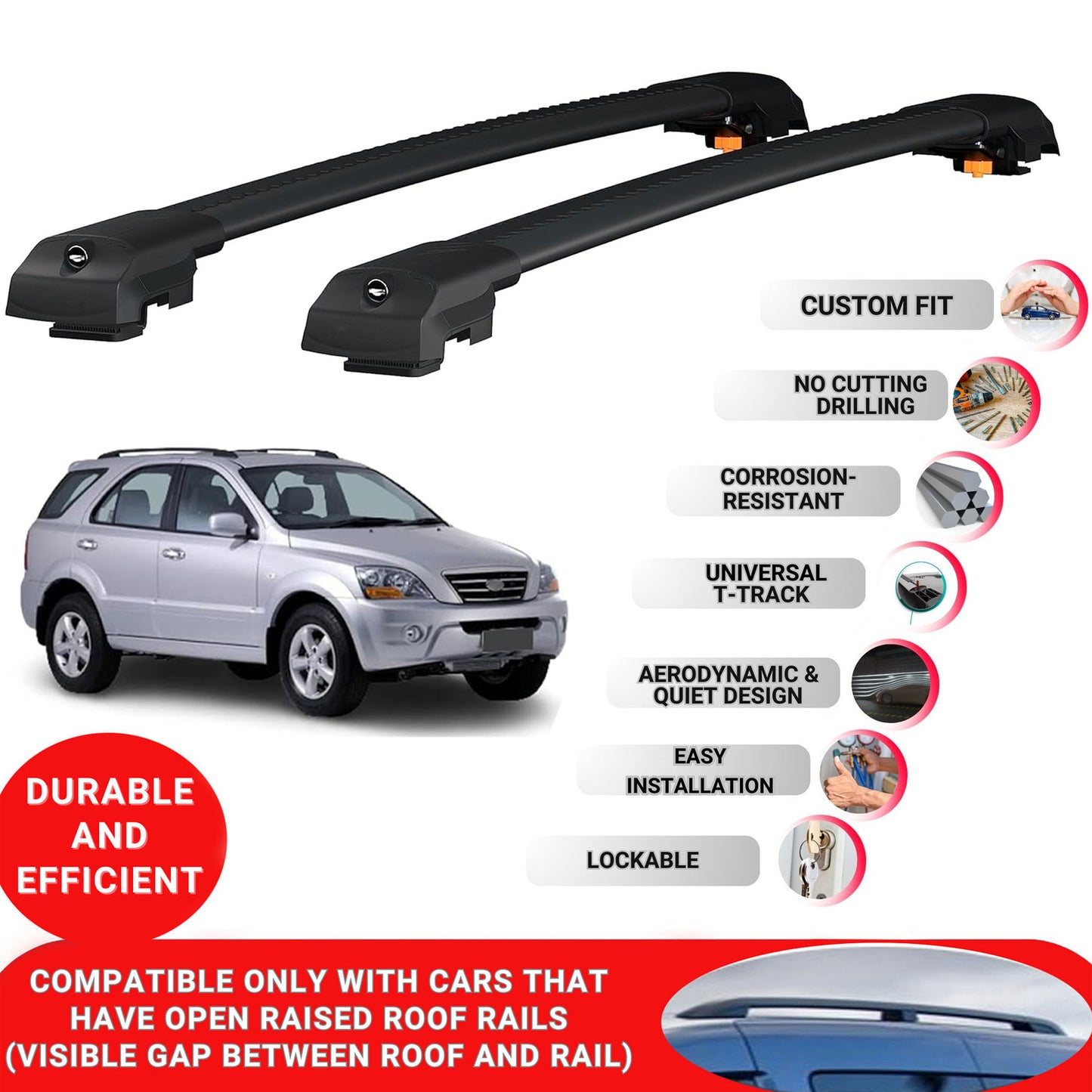 Roof Bar for Kia Sorento 2002-2009 Lockable Roof Rack Cross Bars 2 Pcs Black