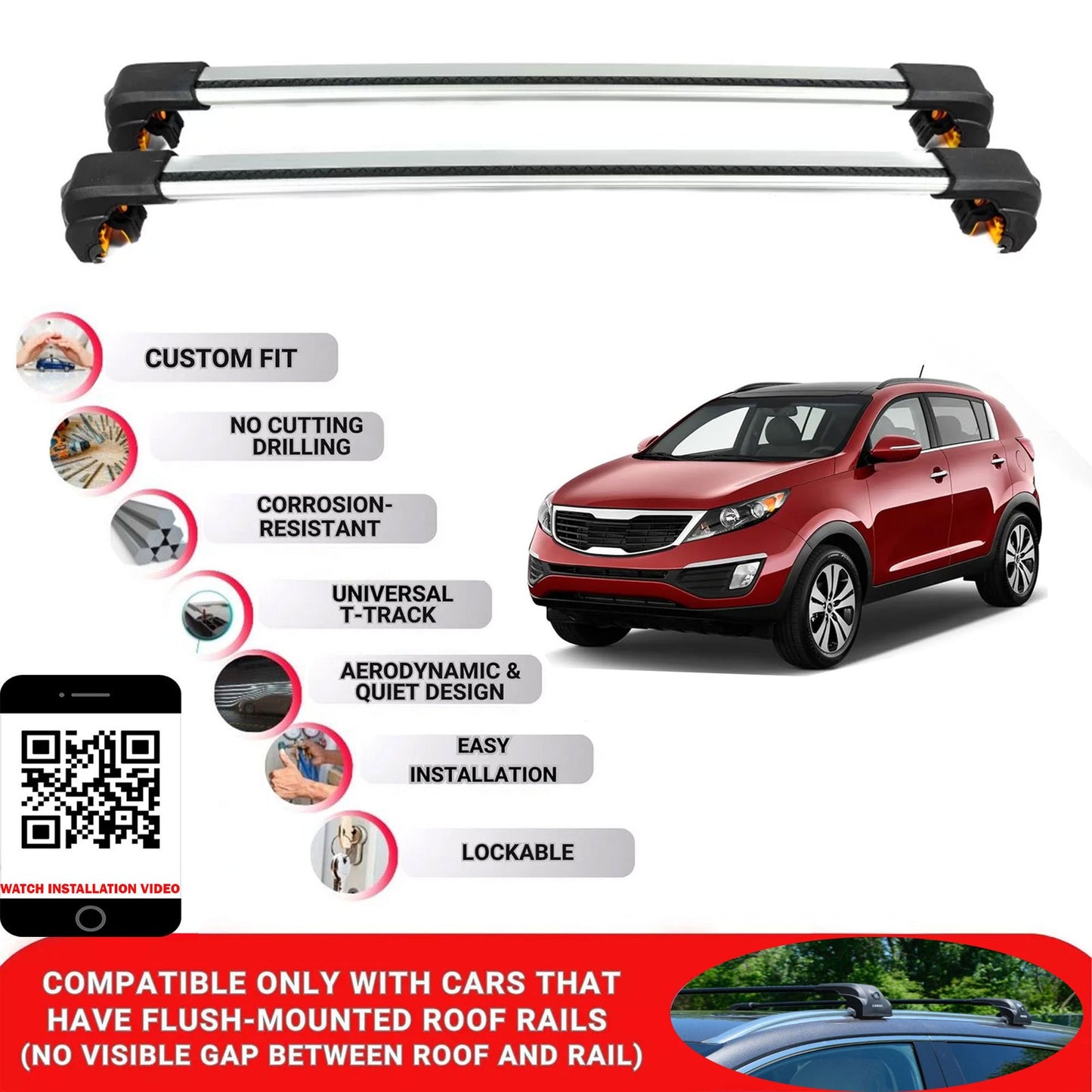 Premium Roof Bars For Kia Sportage 2010-2016 Secure Roof Rack Cross Bar 2 Pcss Secure Grey