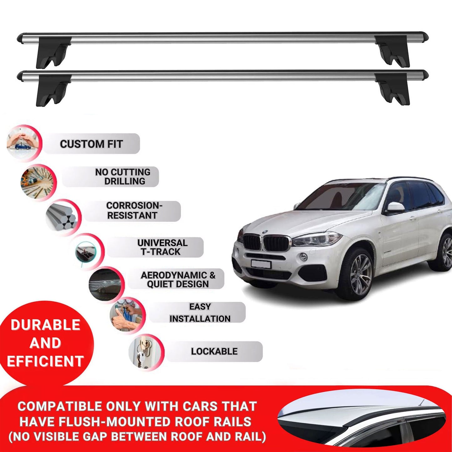 Premium Roof Bars for Bmw X5 F15 2014-2018; Lockable Roof Rack Cross Bars 2 Pcs Grey