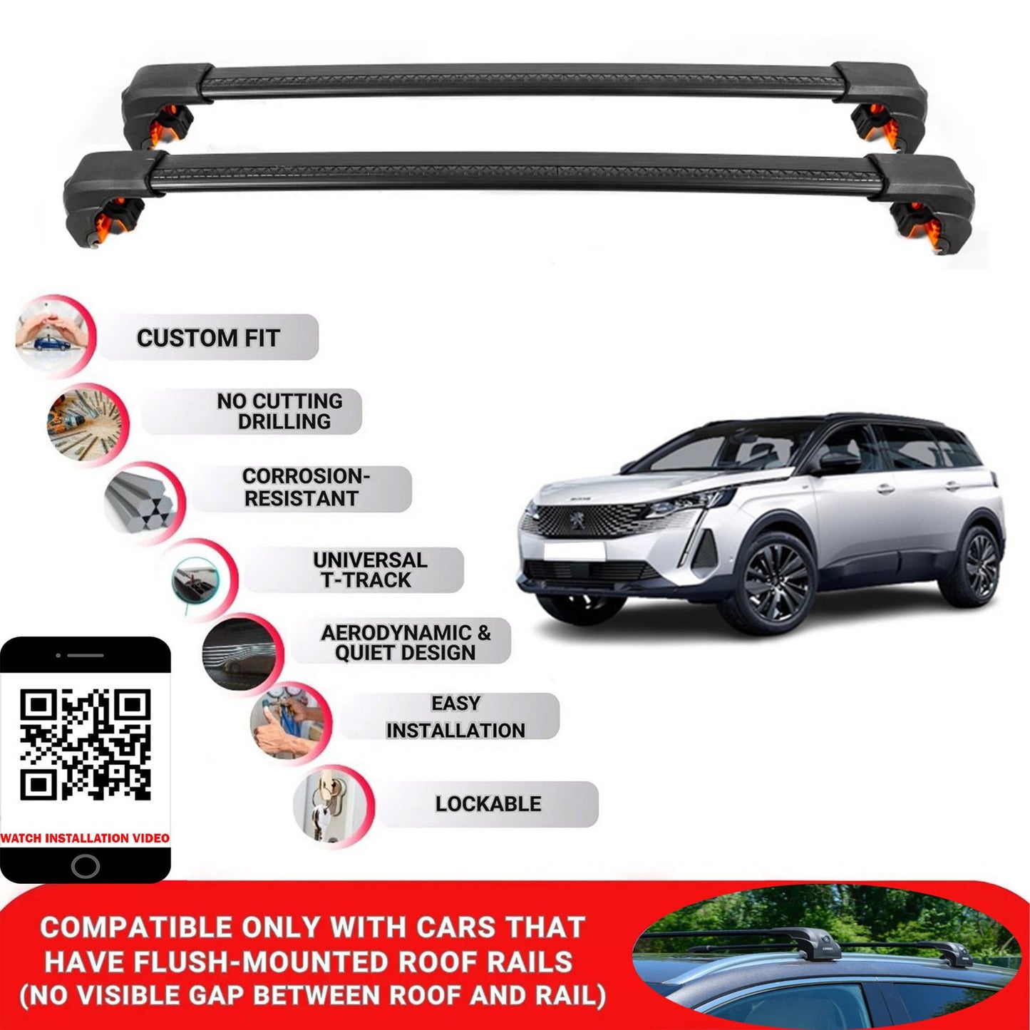 Premium Roof Bars For Peugeot 5008 Suv 2017-2024 Secure Roof Rack Cross Bar 2 Pcss Black