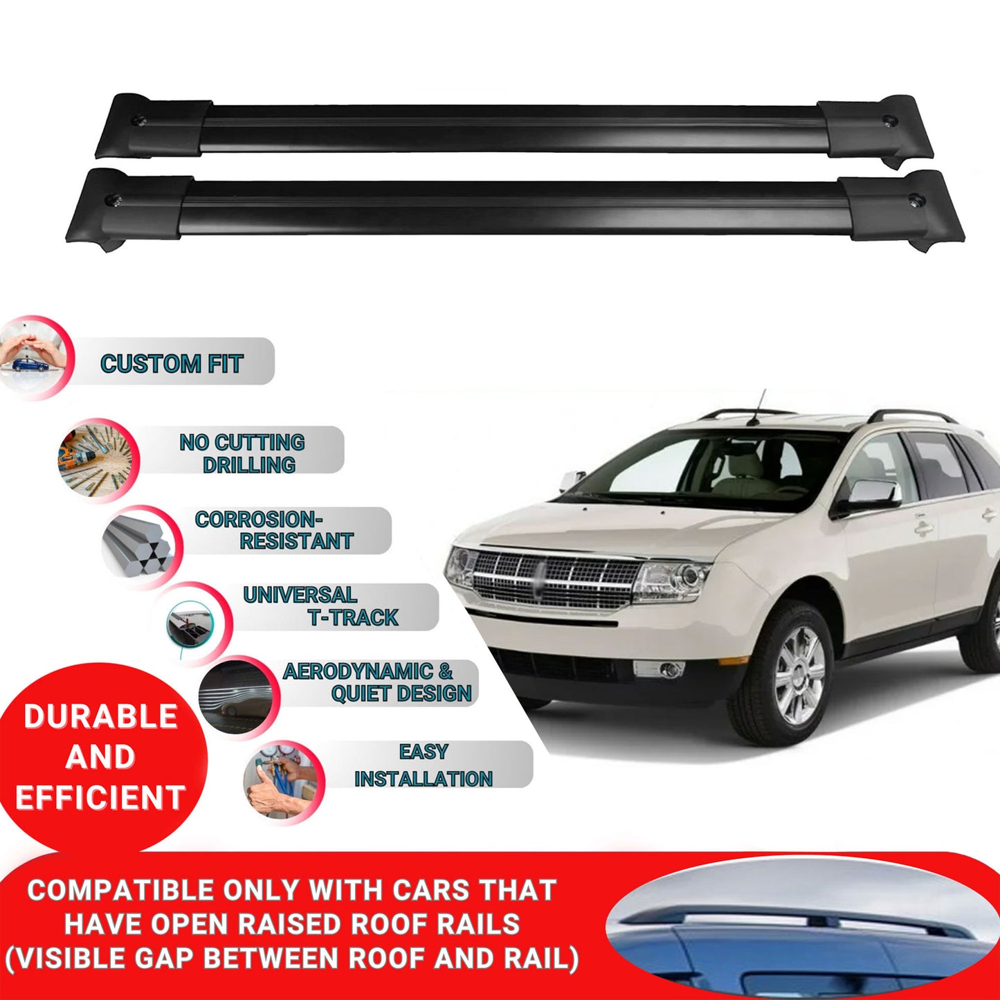 Roof Racks Cross Bars For Lincoln Mkx 1 2007-2015 2 Pcs Black