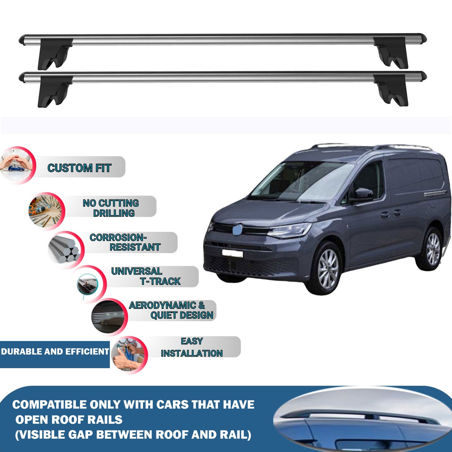 Lockable Roof Rack Cross Bars for Vw Caddy Van 2021-2023 | Heavy Duty Rail Carrier 2 Pcs Grey