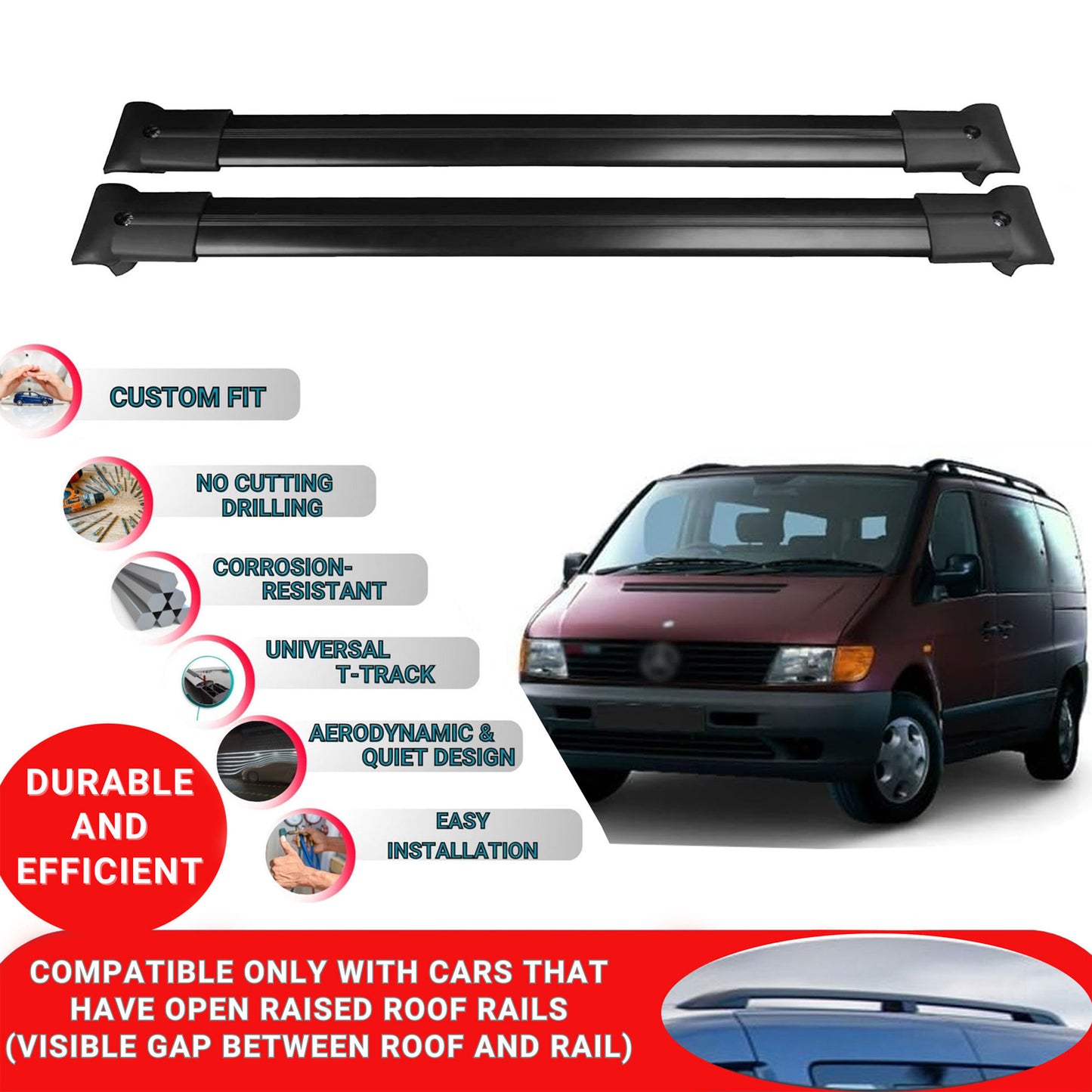 Roof Racks Cross Bars For Mercedes Vito W638 1996-2003 4 Pcs Black