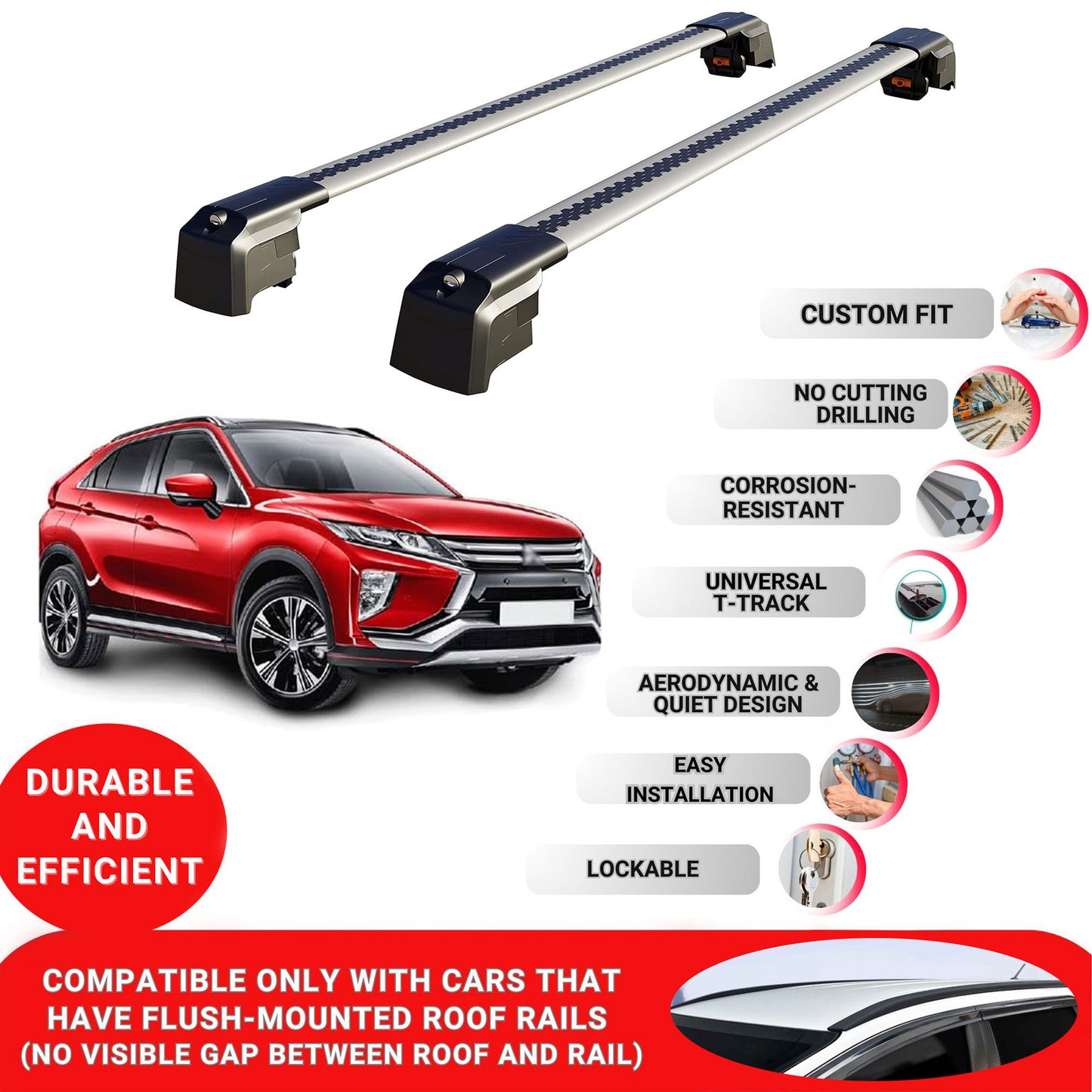 Roof Bars Rack for Mitsubishi Eclipse Cross 2018-2022 Lockable Rail Carrier 2 Pcs Grey