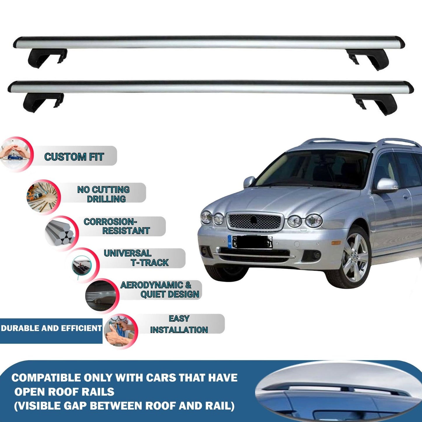Roof Rack Cross Bars for Jaguar X-Type Estate 2001-2009 Rail Carrier for Roof Tents 2 Pcs Grey