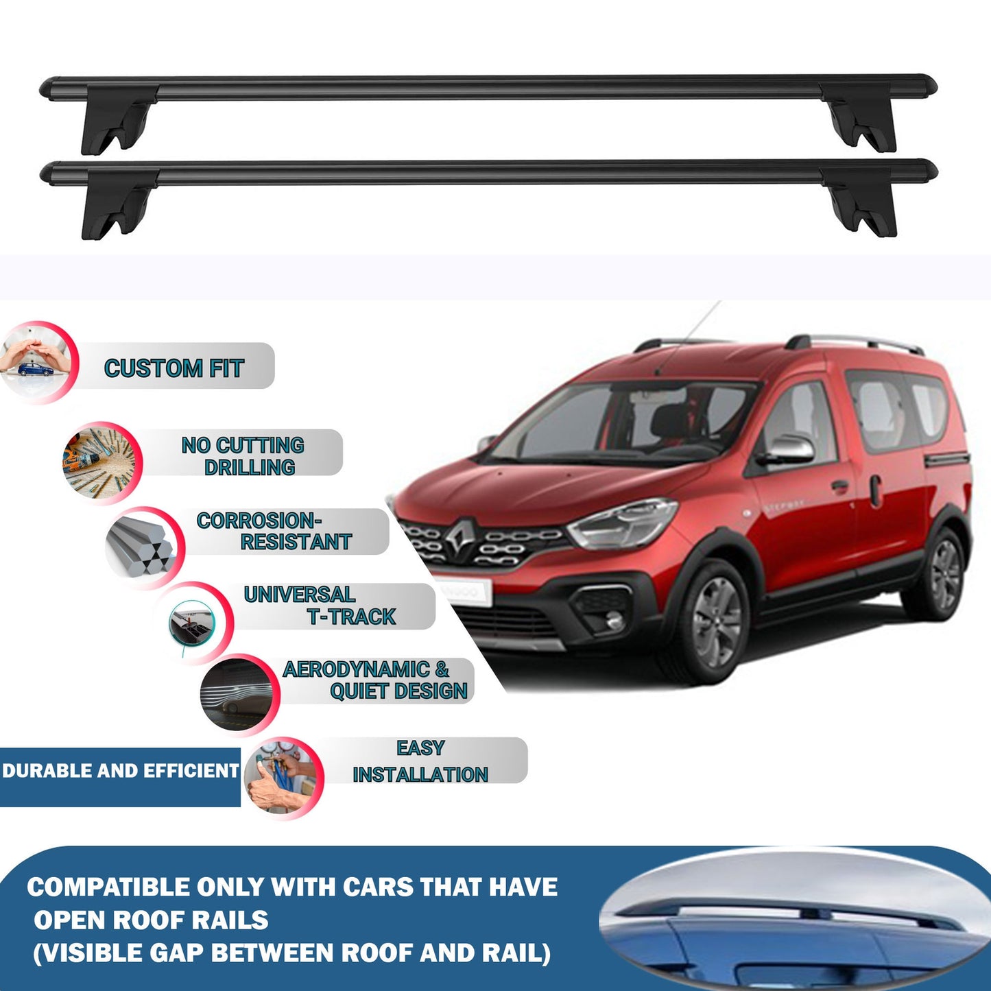 Roof Rack Cross Bars for Renault Kangoo 5D 2008-2021 Kayak Roof Rack 4Pcs Black
