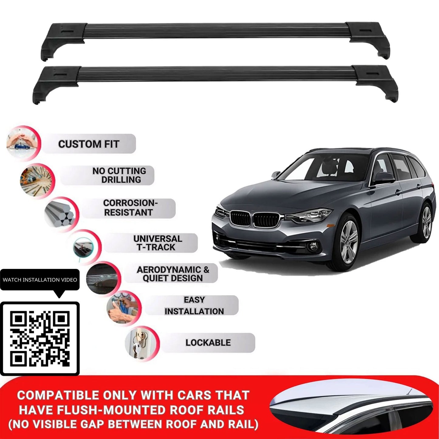 Roof Bars for Bmw 3 Series Touring F31 2012-2019; Roof Rack Cross Bars 2 Pcs Black