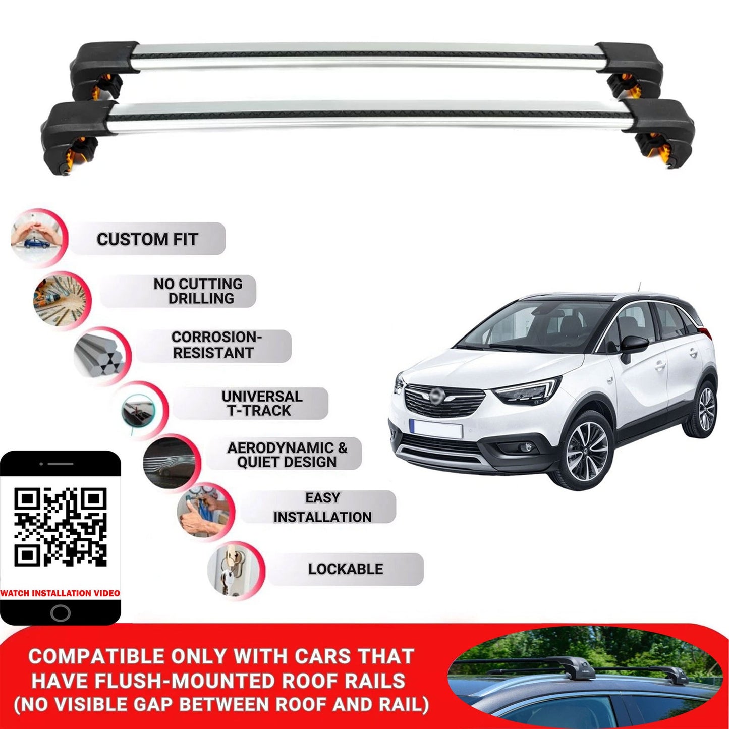 Premium Roof Bars For Opel Crossland X 2017+ Secure Roof Rack Cross Bar 2 Pcss Grey