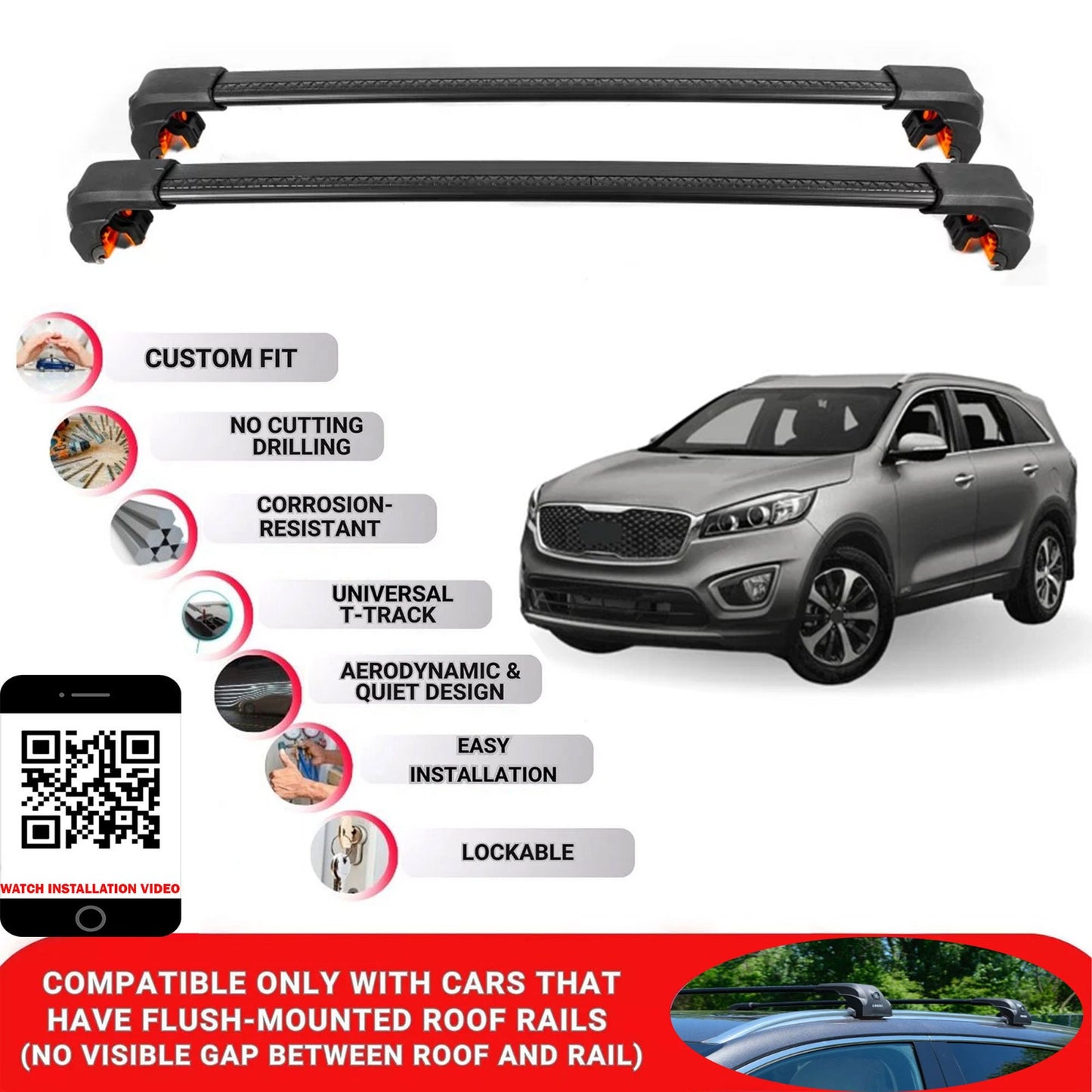 Premium Roof Bars For Kia Sorento 2015-2020 Secure Roof Rack Cross Bar 2 Pcss Secure Black