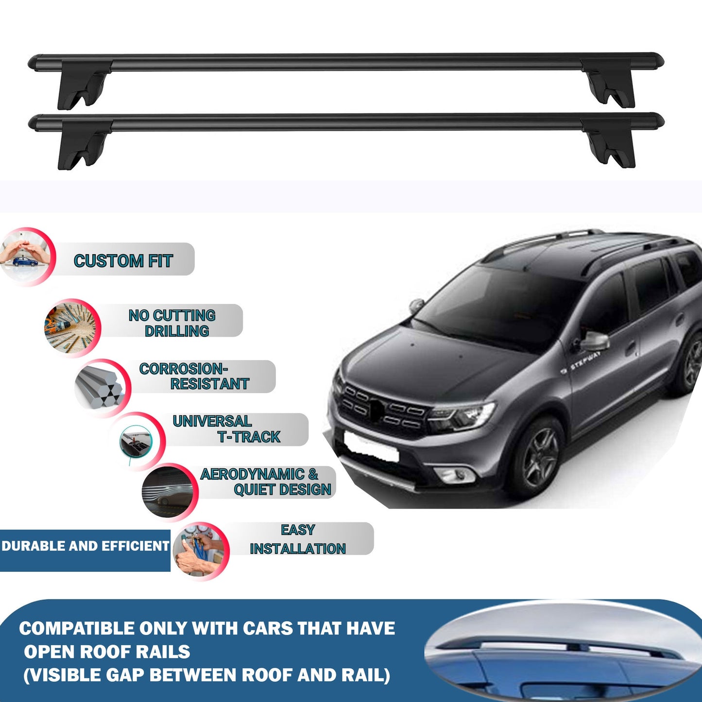 Lockable Roof Rack Cross Bars for Dacia Logan Mcv Stepway 2017-2013 | Heavy Duty Rail Carrier 2 Pcs Black