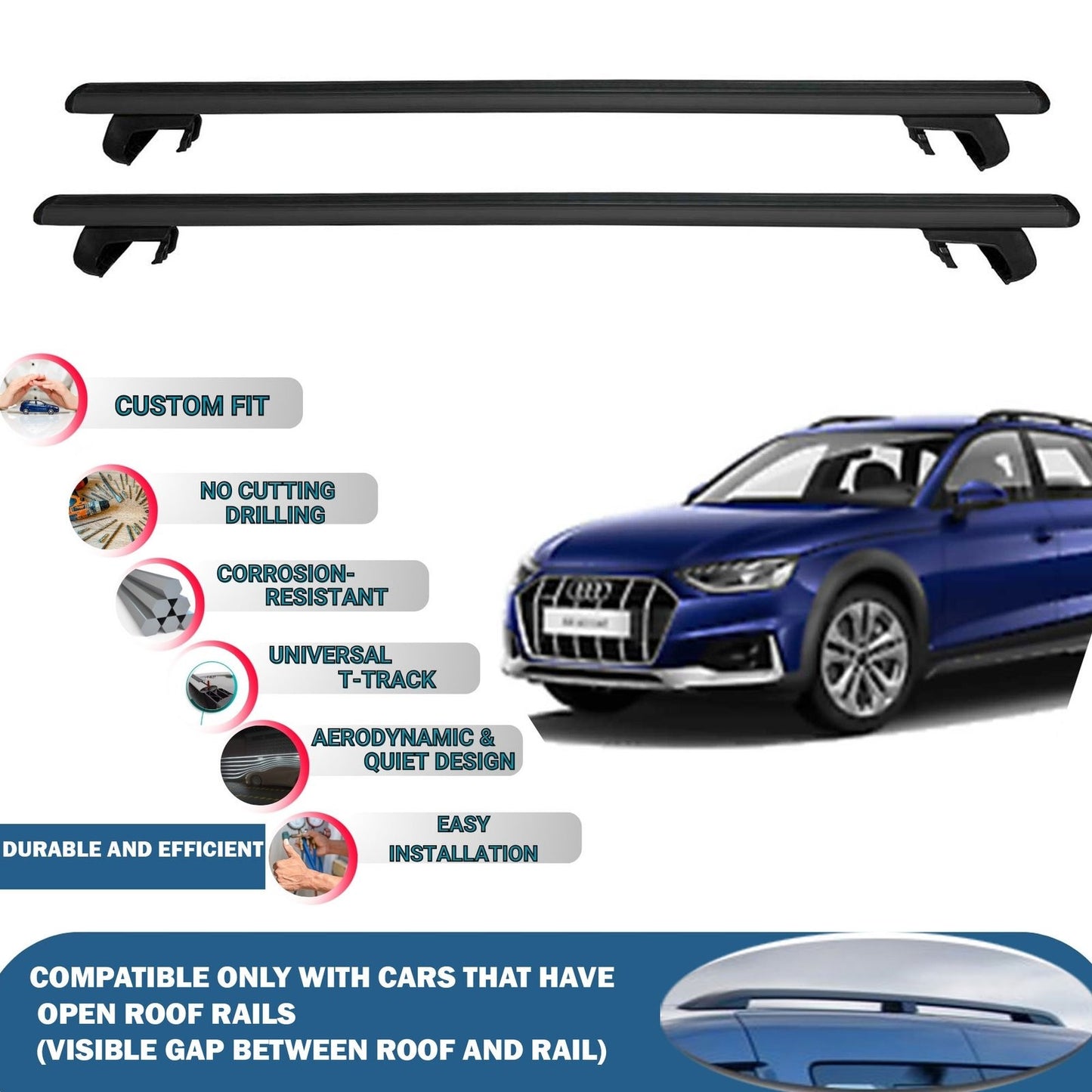 Roof Rack Cross Bars for Audi A4 Allroad 2016-2023 Rail Carrier for Roof Tents 2 Pcs Black