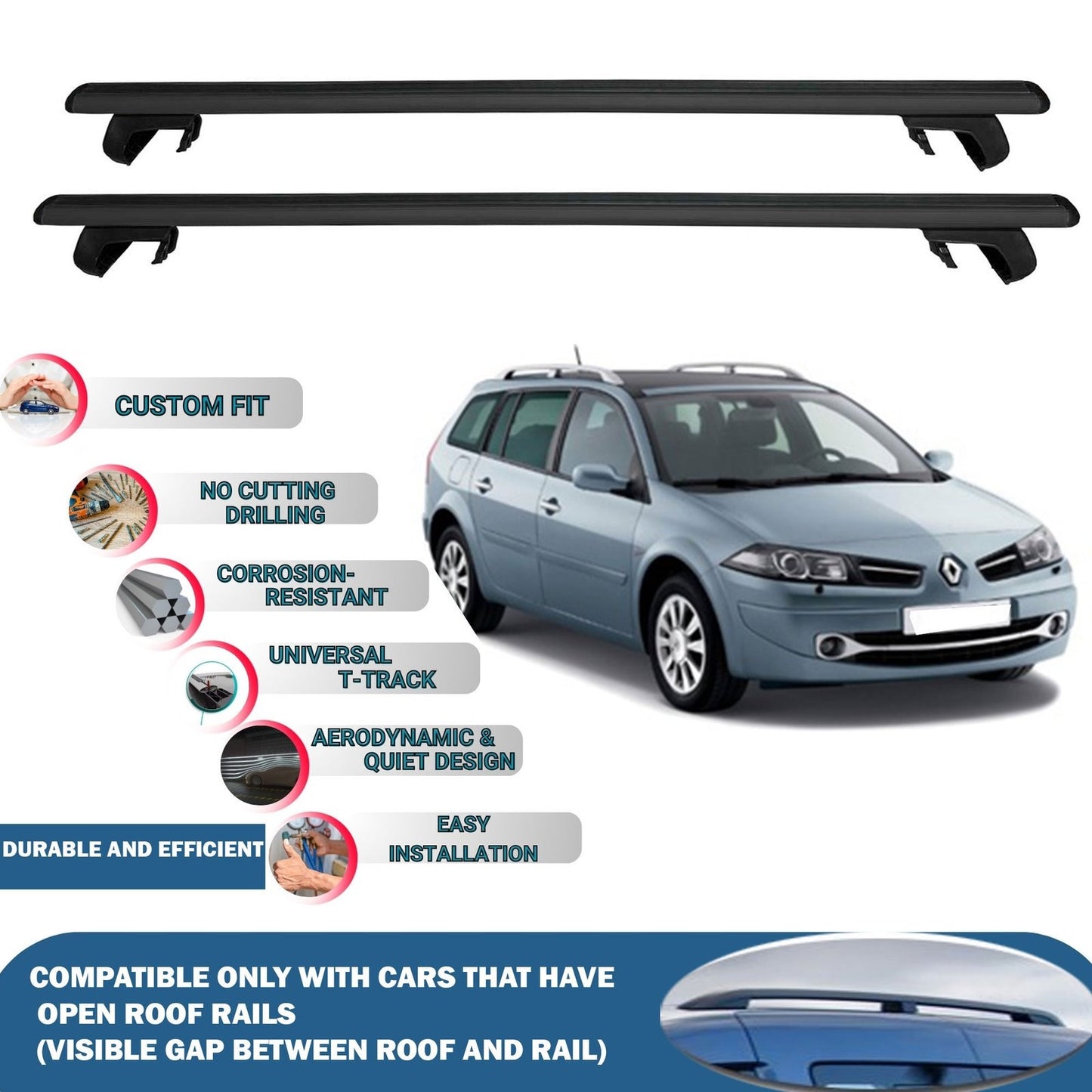 Roof Rack Cross Bars for Renault Megane Estate/Grand Tour 2002-2008 Rail Carrier for Roof Tents 2 Pcs Black