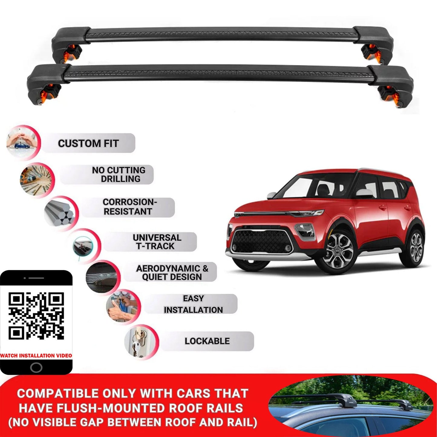 Premium Roof Bars For Kia Soul Hatchback 2014-2016 Secure Roof Rack Cross Bar 2 Pcss Black