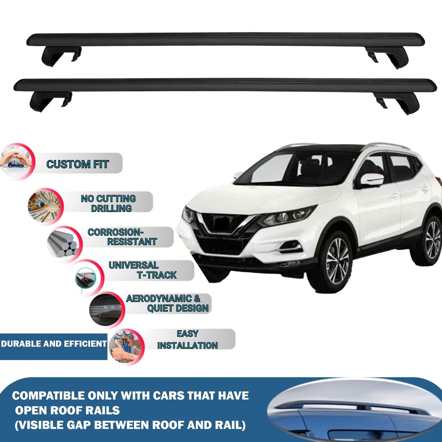 Roof Rack Cross Bars for Nissan Qashqai 2013-2020 Rail Carrier for Roof Tents 2 Pcs Black