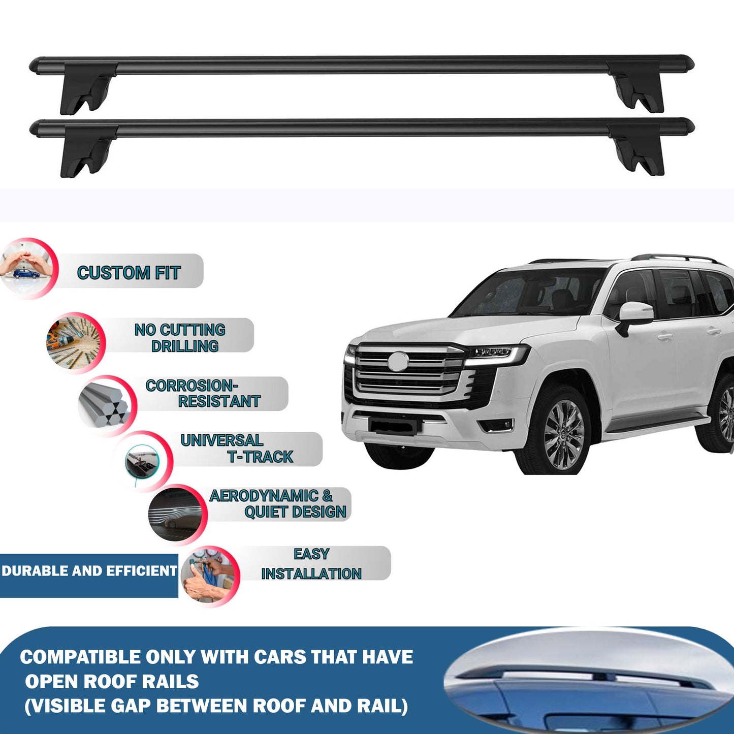 Lockable Roof Rack Cross Bars for Toyota Land Cruiser 2021-2024 | Heavy Duty Rail Carrier 2 Pcs Black