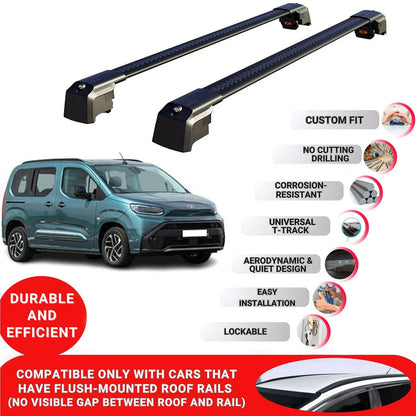 Roof Bars Rack for Toyota Proace City 2024+ Lockable Rail Carrier 2 Pcs Black
