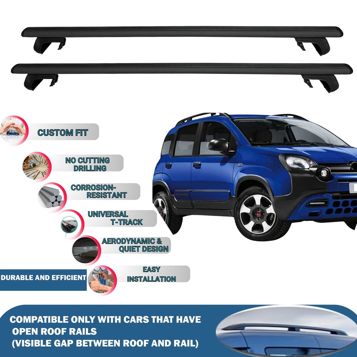 Roof Rack Cross Bars for Fiat Panda City Cross 2011-2023 Rail Carrier for Roof Tents 2 Pcs Black