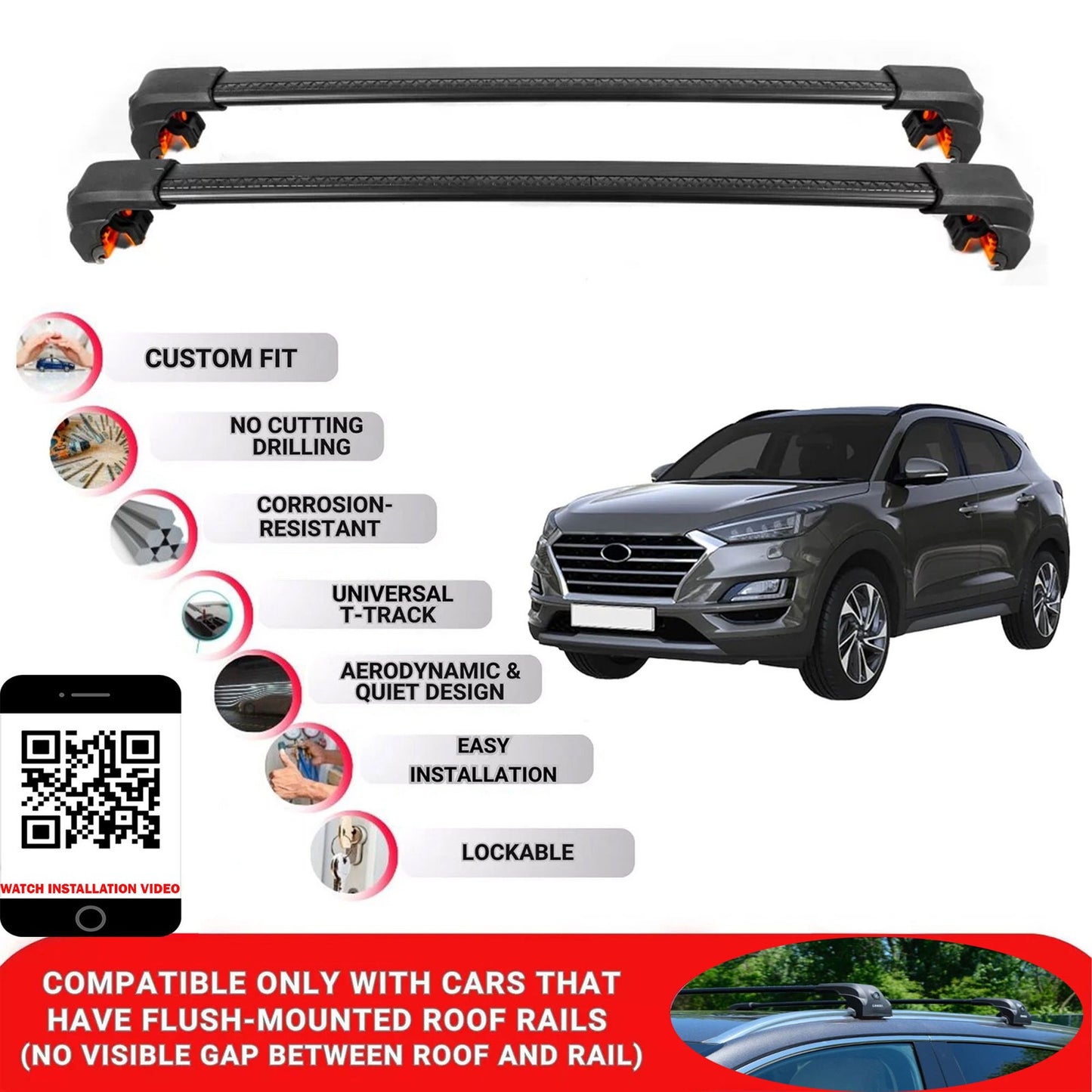 Premium Roof Bars For Hyundai Tucson Suv 2015-2021 Secure Roof Rack Cross Bar 2 Pcss Black