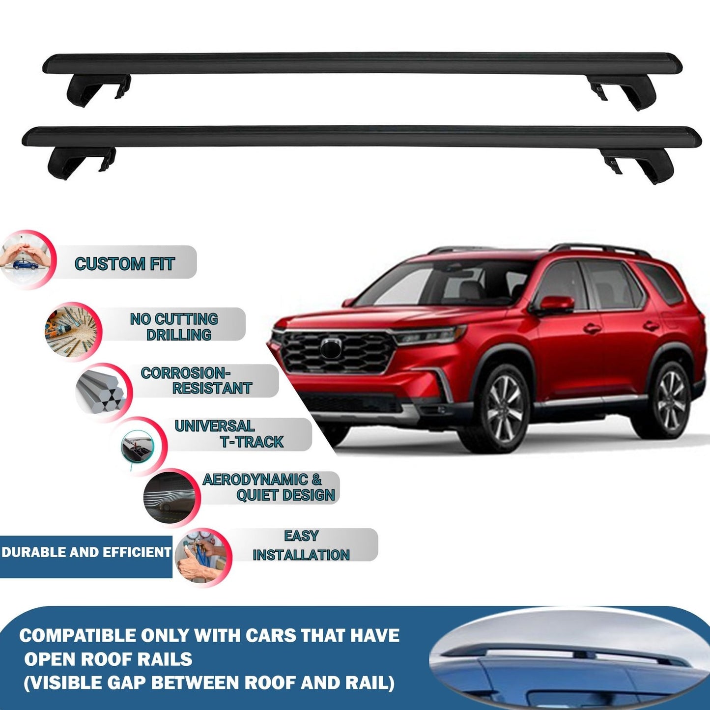 Roof Rack Cross Bars for Honda Pilot Mk4 2016-2023 Rail Carrier for Roof Tents 2 Pcs Black