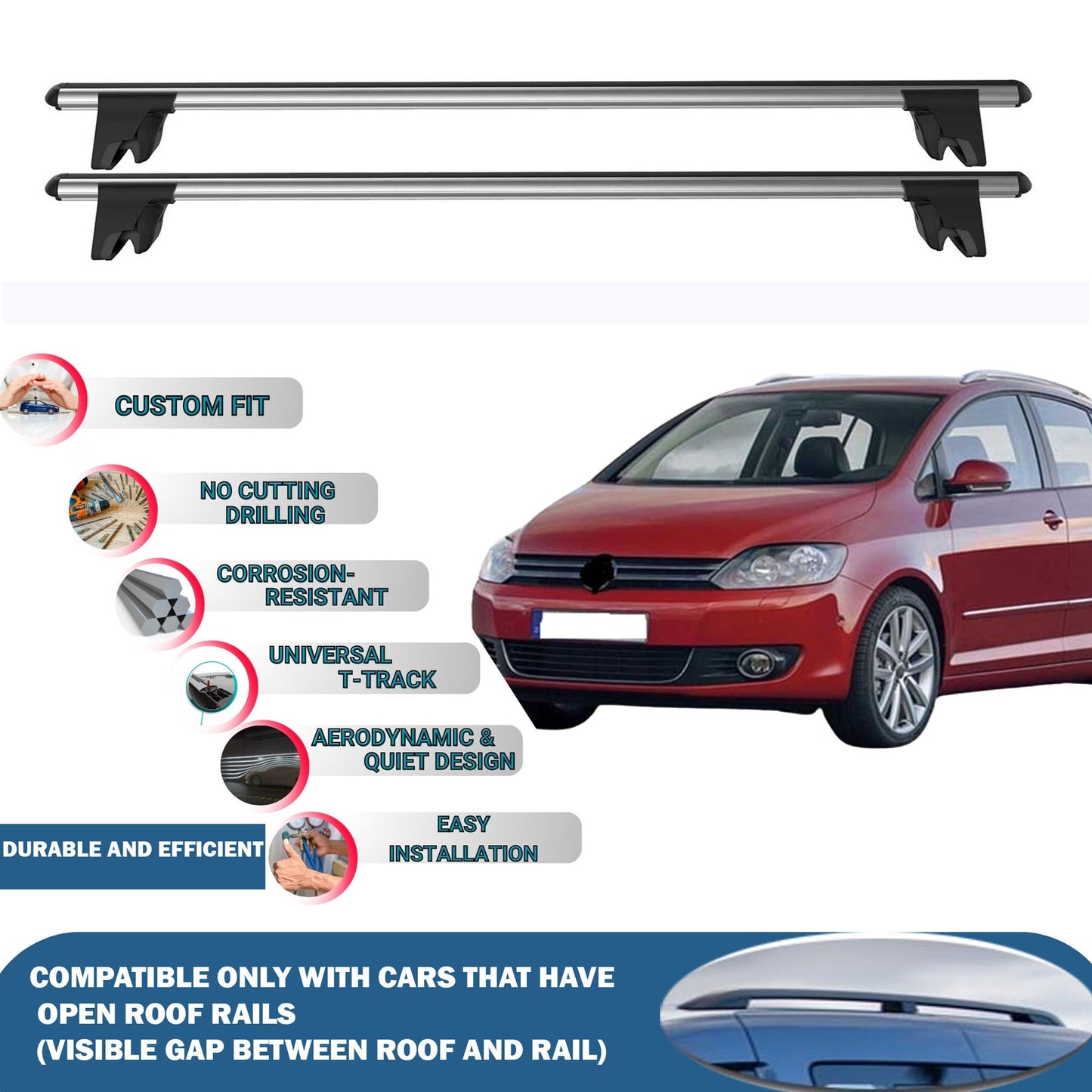 Lockable Roof Rack Cross Bars for Vw Golf Plus 2005-2009 | Heavy Duty Rail Carrier 2 Pcs Grey