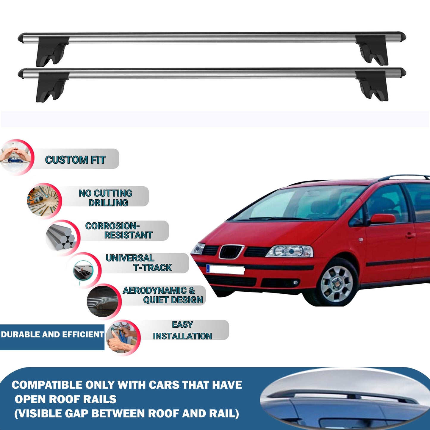 Lockable Roof Rack Cross Bars for Seat Alhambra 2000-2010 | Heavy Duty Rail Carrier 2 Pcs Grey