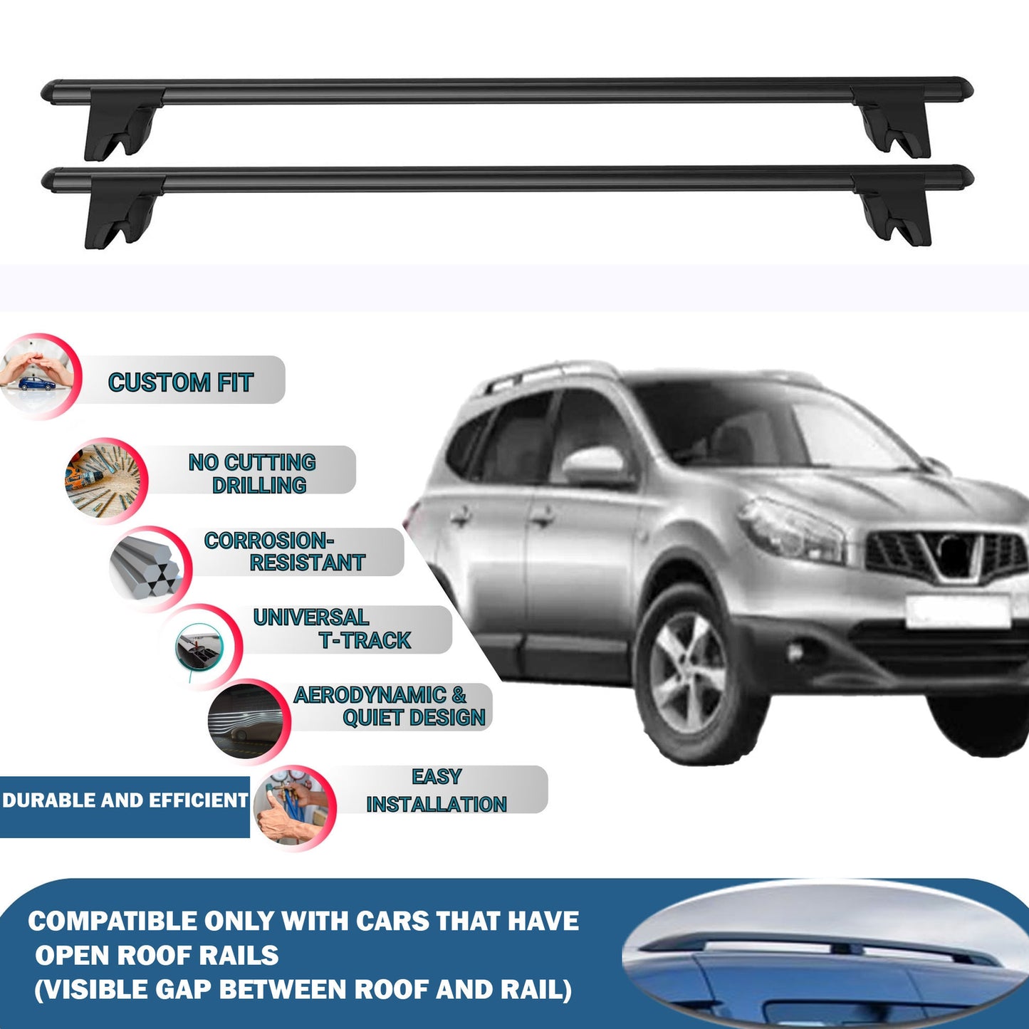 Lockable Roof Rack Cross Bars for Nissan Qashqai+2 2006-2013 | Heavy Duty Rail Carrier 2 Pcs Black