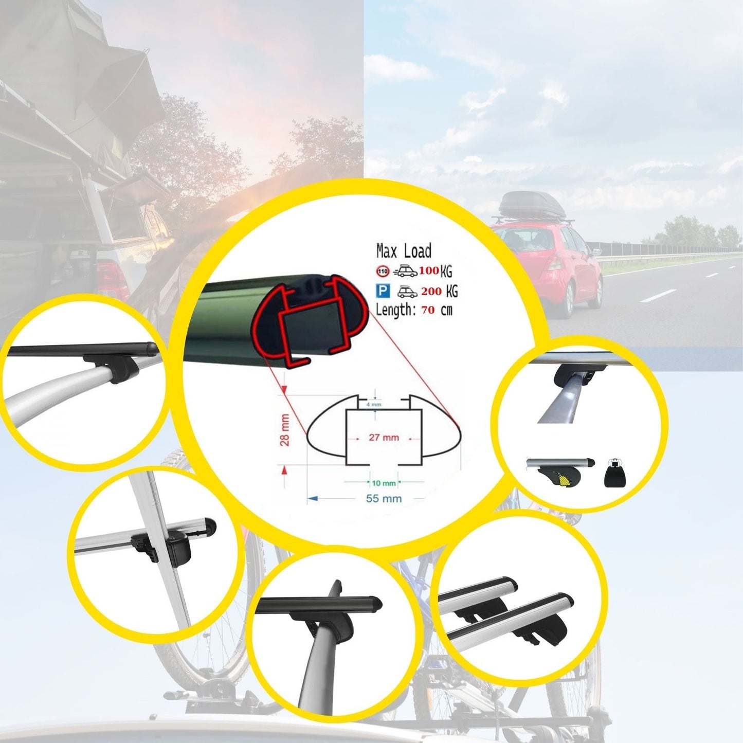 Roof Rack Cross Bars for Ssangyong Rodius 2012-2019 Rail Carrier for Roof Tents 2 Pcs Black