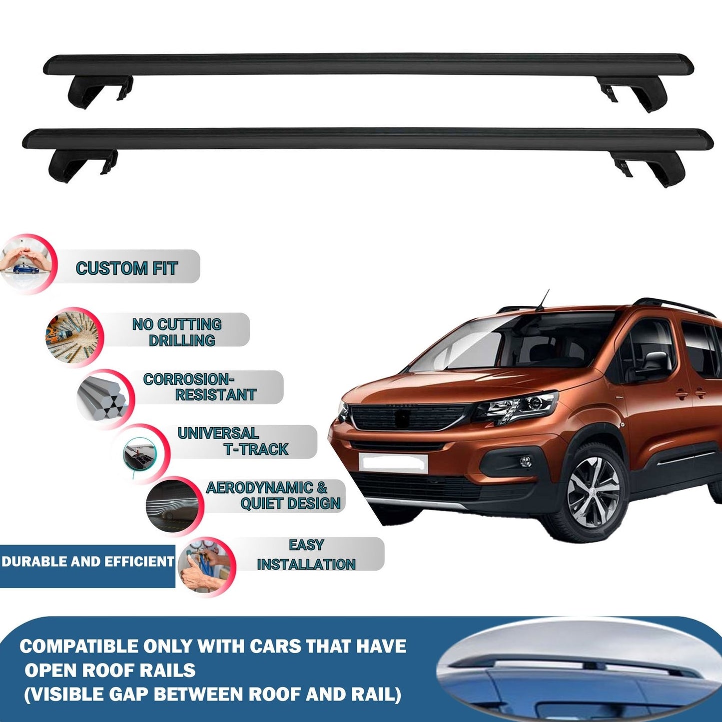 Roof Rack Cross Bars for Peugeot Rifter 2019-2023 Rail Carrier for Roof Tents 2 Pcs Black