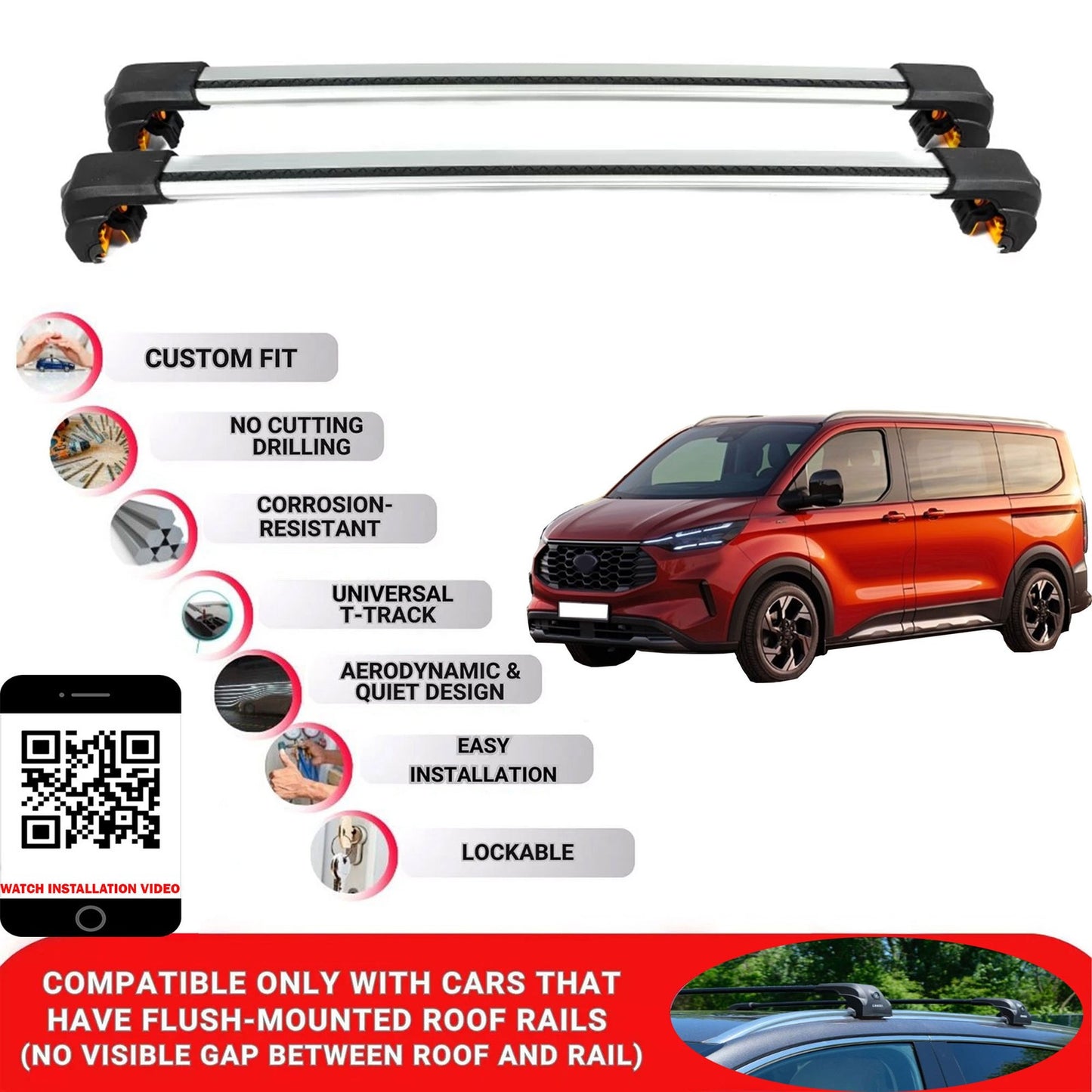 Premium Roof Bars For Ford Tourneo Custom Van 2013-2024 Secure Roof Rack Cross Bar 2 Pcs Grey