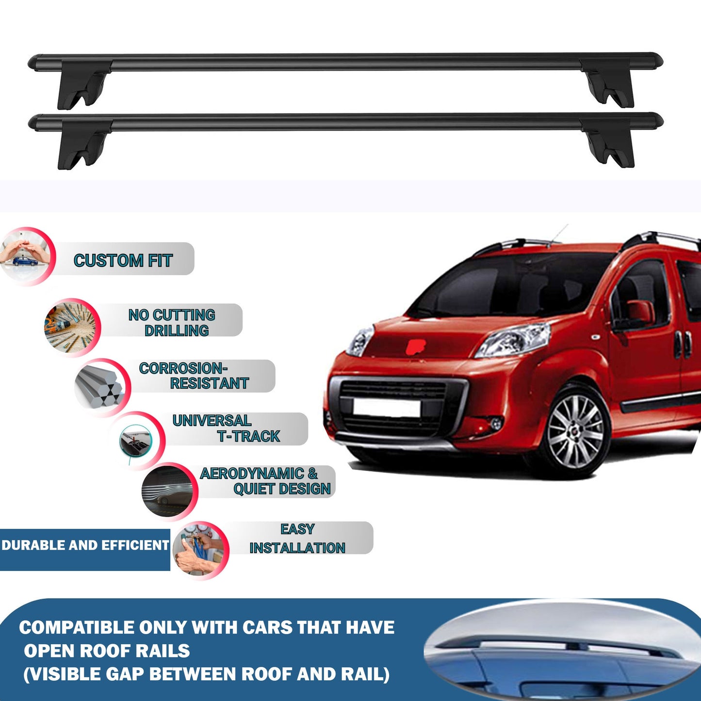 Lockable Roof Rack Cross Bars for Fiat Fiorino/Qubo 2007-2023 | Heavy Duty Rail Carrier 2 Pcs Black