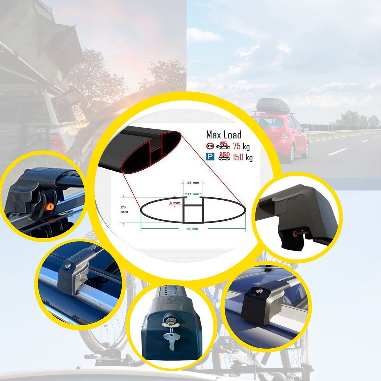 Roof Bars Rack for Hyundai Kona 2017-2022 Lockable Rail Carrier 2 Pcs Grey