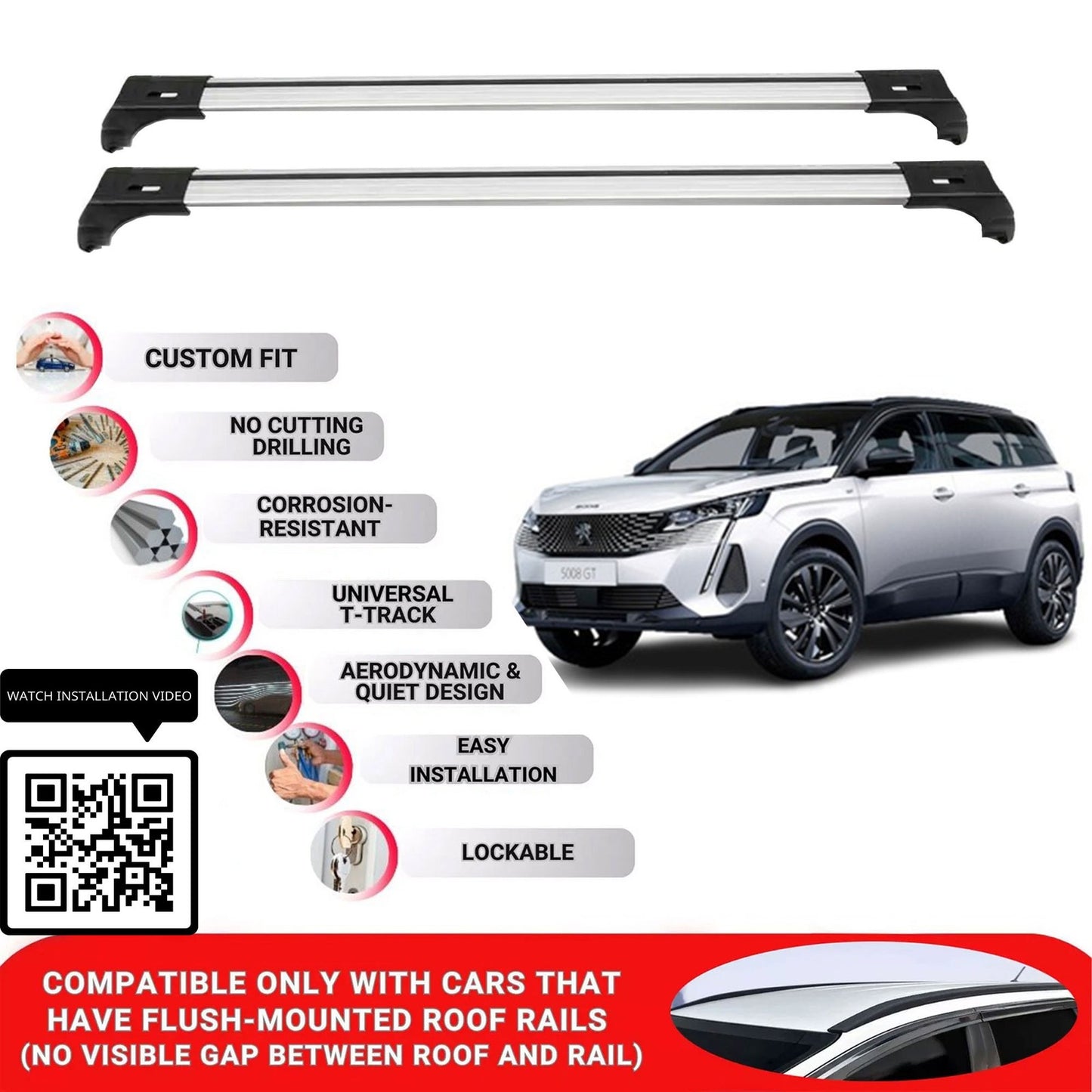 Roof Bars for Peugeot 5008 2017-2024 Lockable Roof Rack Cross Bars 2 Pcs Grey