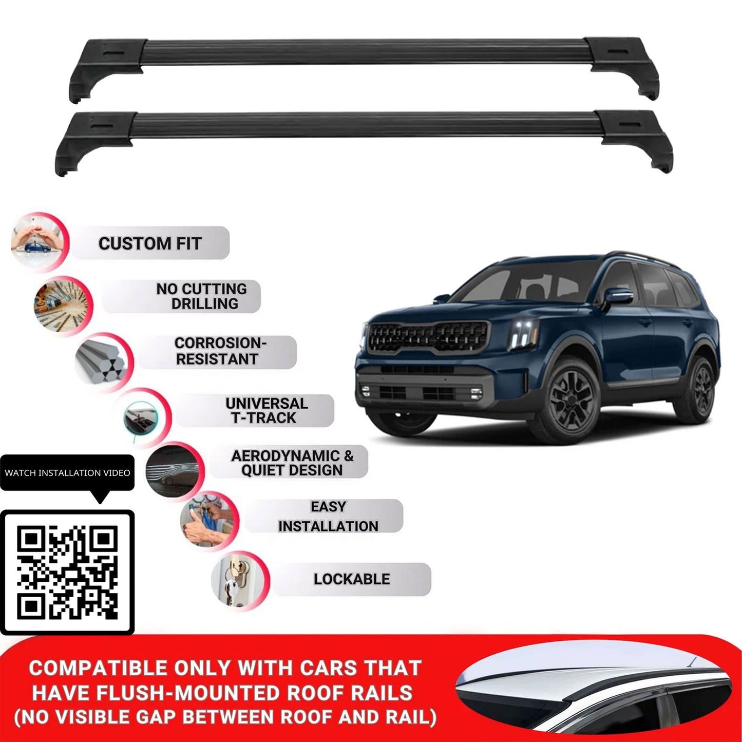 Roof Bars for Kia Telluride 2020+ Lockable Roof Rack Cross Bars 2 Pcs Black