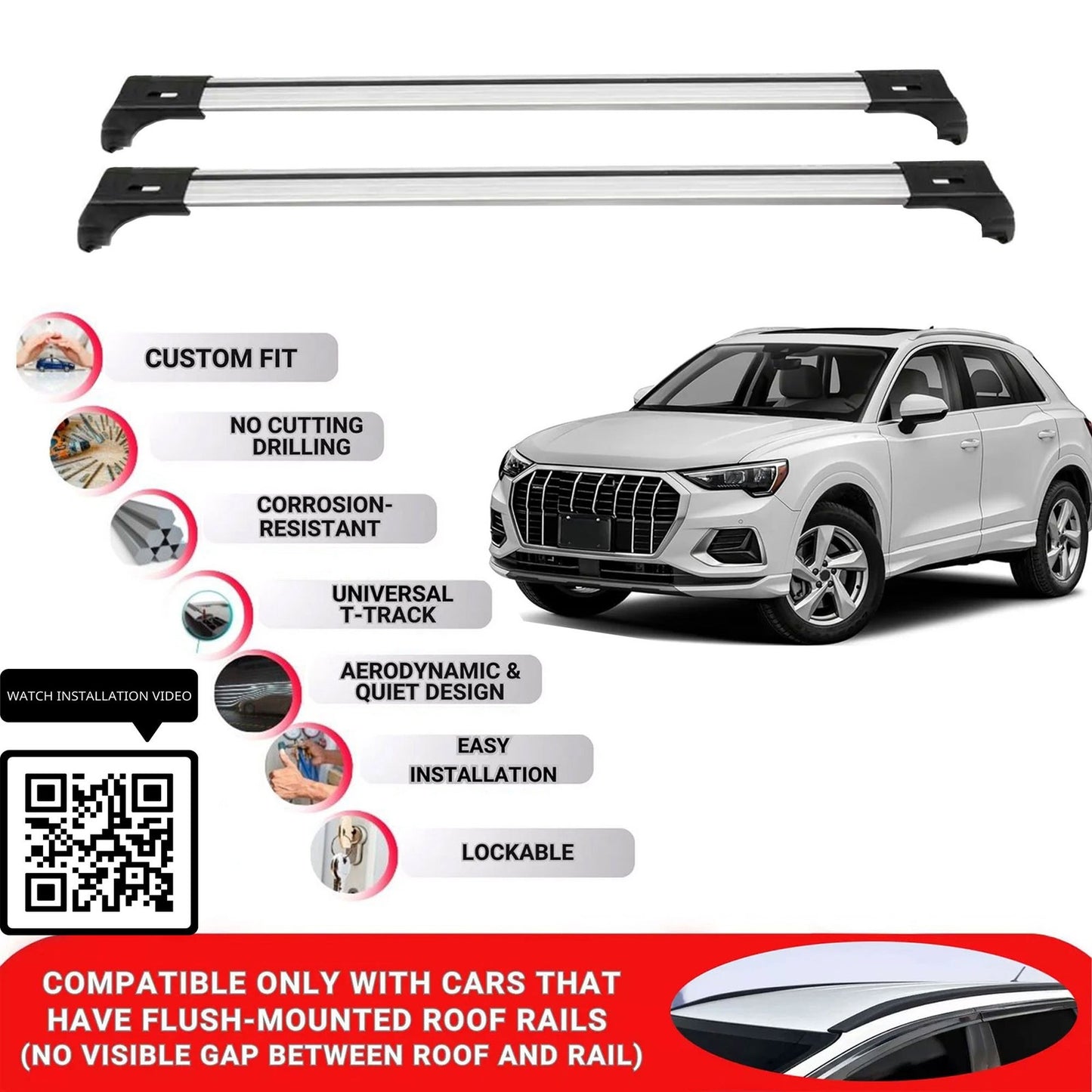 Roof Bars for Audi Q3 2019+ Lockable Roof Rack Cross Bars 2 Pcs Grey