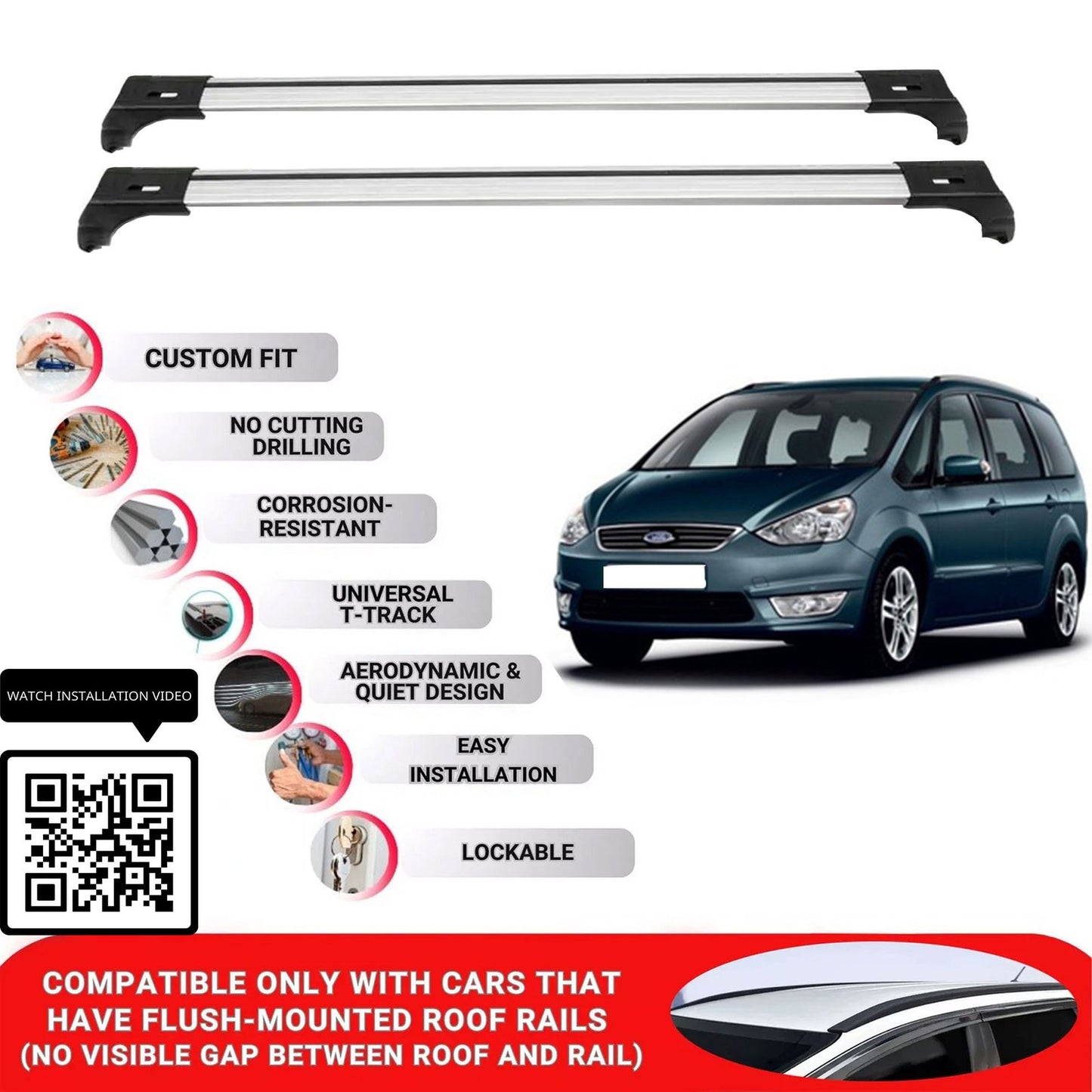 Roof Bars for Ford Galaxy 2010-2015 Lockable Roof Rack Cross Bars 2 Pcs Grey