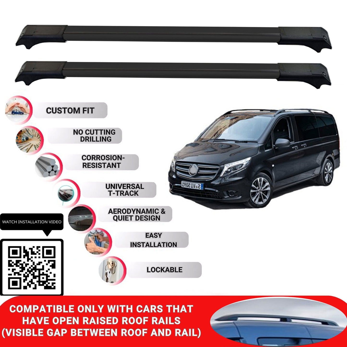 Roof Rack Cross Bars for Mercedes Vito 2015 Onwards Lockable Roof Bars 2 Pcs Black