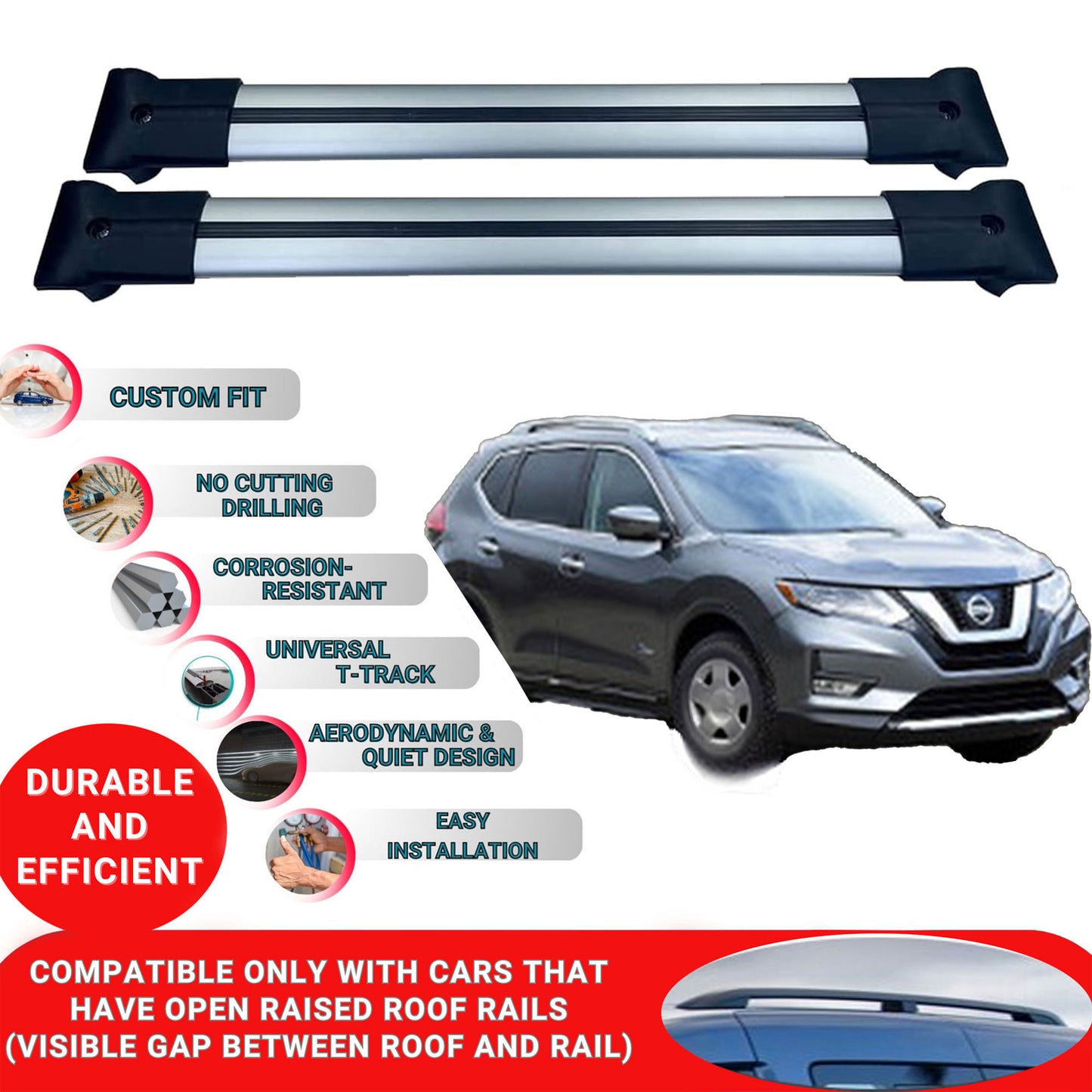 Roof Racks Cross Bars For Nissan X-Trail 2014-2022 2 Pcs Grey