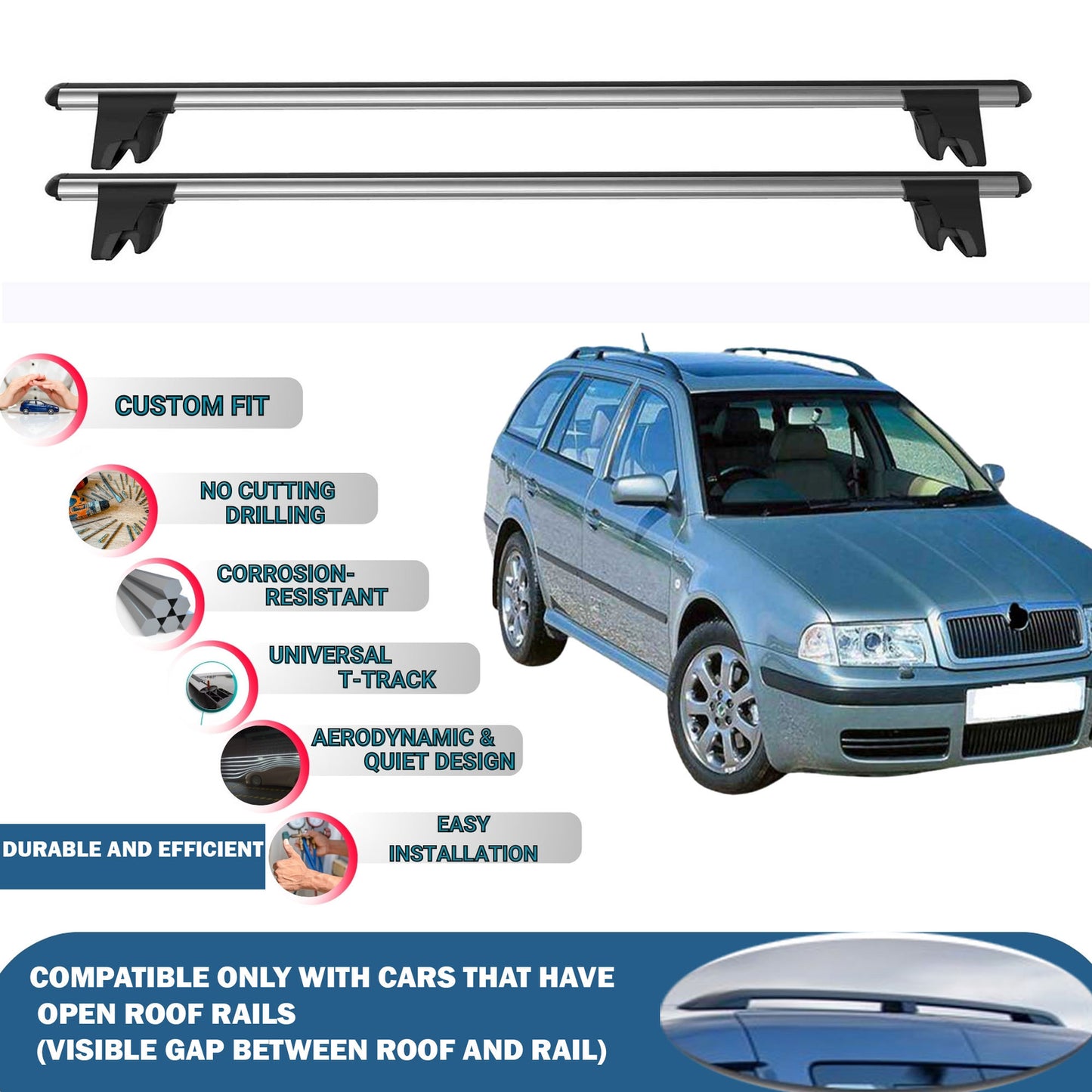 Lockable Roof Rack Cross Bars for Skoda Octavia Wagon 1998-2004 | Heavy Duty Rail Carrier 2 Pcs Grey