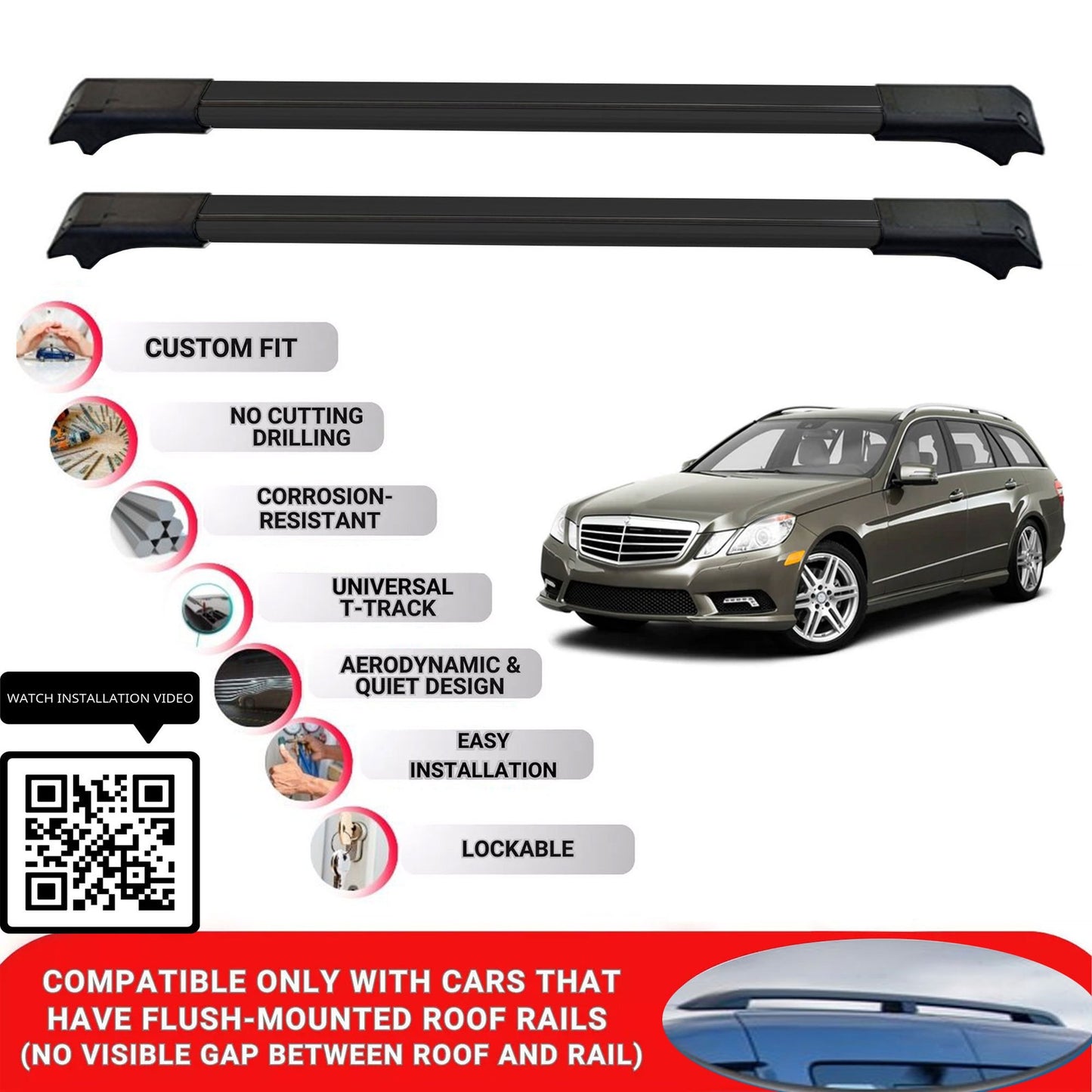 Roof Rack Cross Bars for Mercedes E-Class S212 2009-2016 Lockable 2 Pcs Black