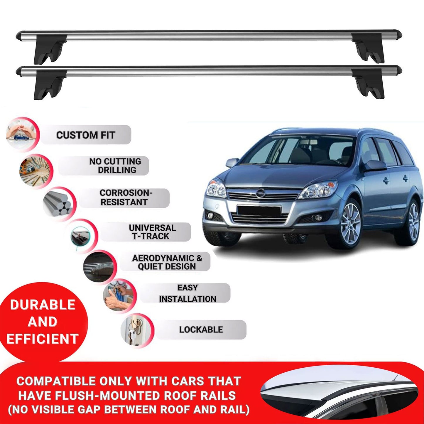Premium Roof Bars for Opel Astra H 2007-2010 Lockable Roof Rack Cross Bars 2 Pcs Grey