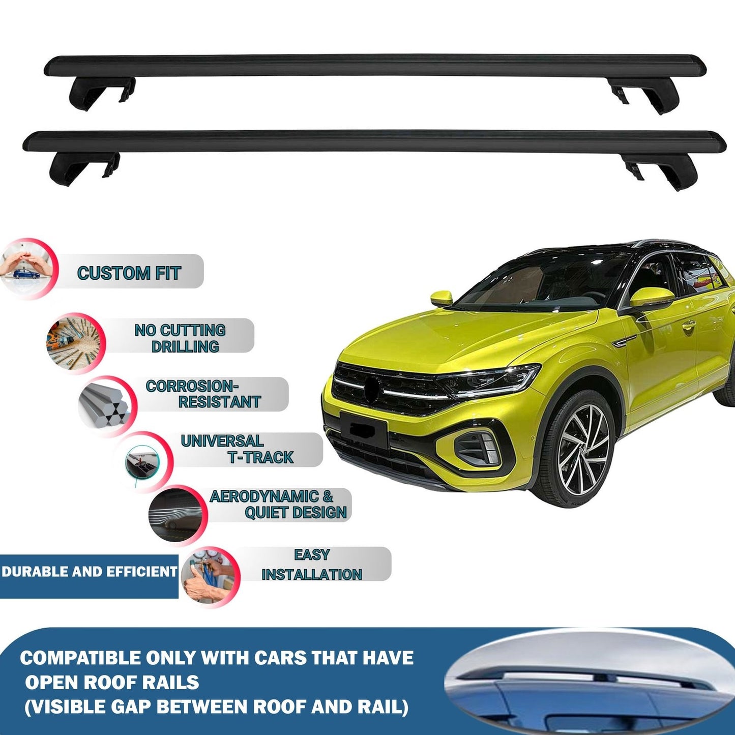 Roof Rack Cross Bars for Volkswagen T-Roc 2017-2023 Rail Carrier for Roof Tents 2 Pcs Black