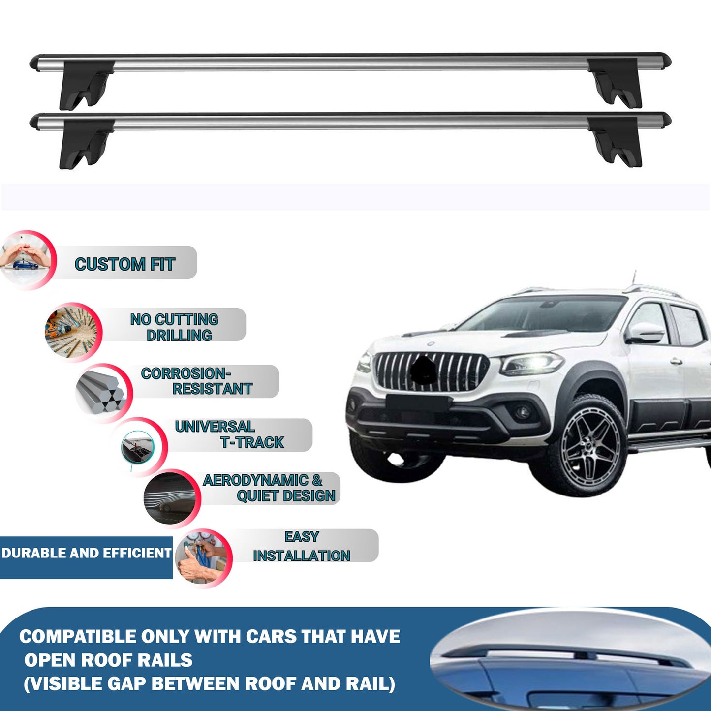 Lockable Roof Rack Cross Bars for Mercedes X-Class 2017-2020 | Heavy Duty Rail Carrier 2 Pcs Grey