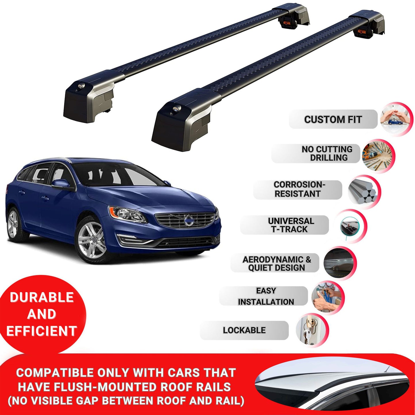 Roof Bars Rack for Volvo V60 2011-2018 Lockable Rail Carrier 2 Pcs Black