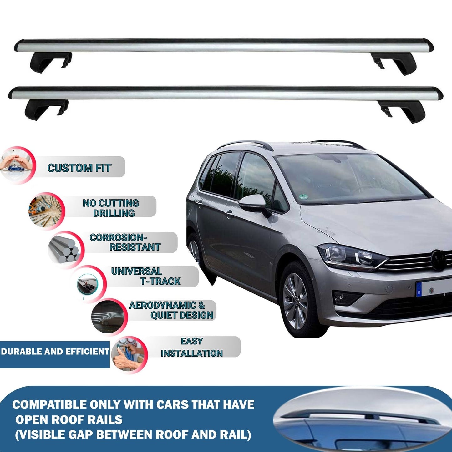 Roof Rack Cross Bars for Volkswagen Golf VII Sportsvan 2014-2020 Rail Carrier for Roof Tents 2 Pcs Grey